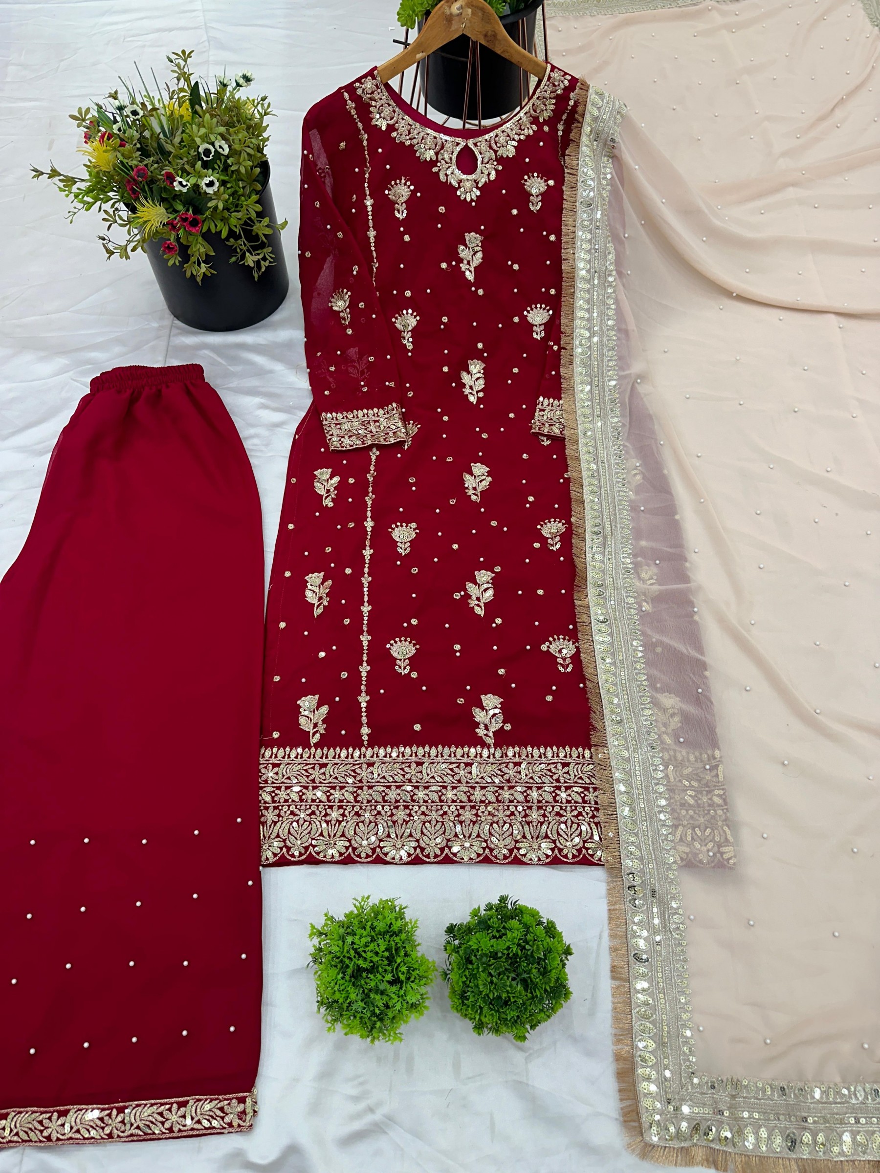 PARTY WEAR MAROON COLOUR TOP WITH SHARARA SUIT WITH HEAVY EMBROIDERY WORK