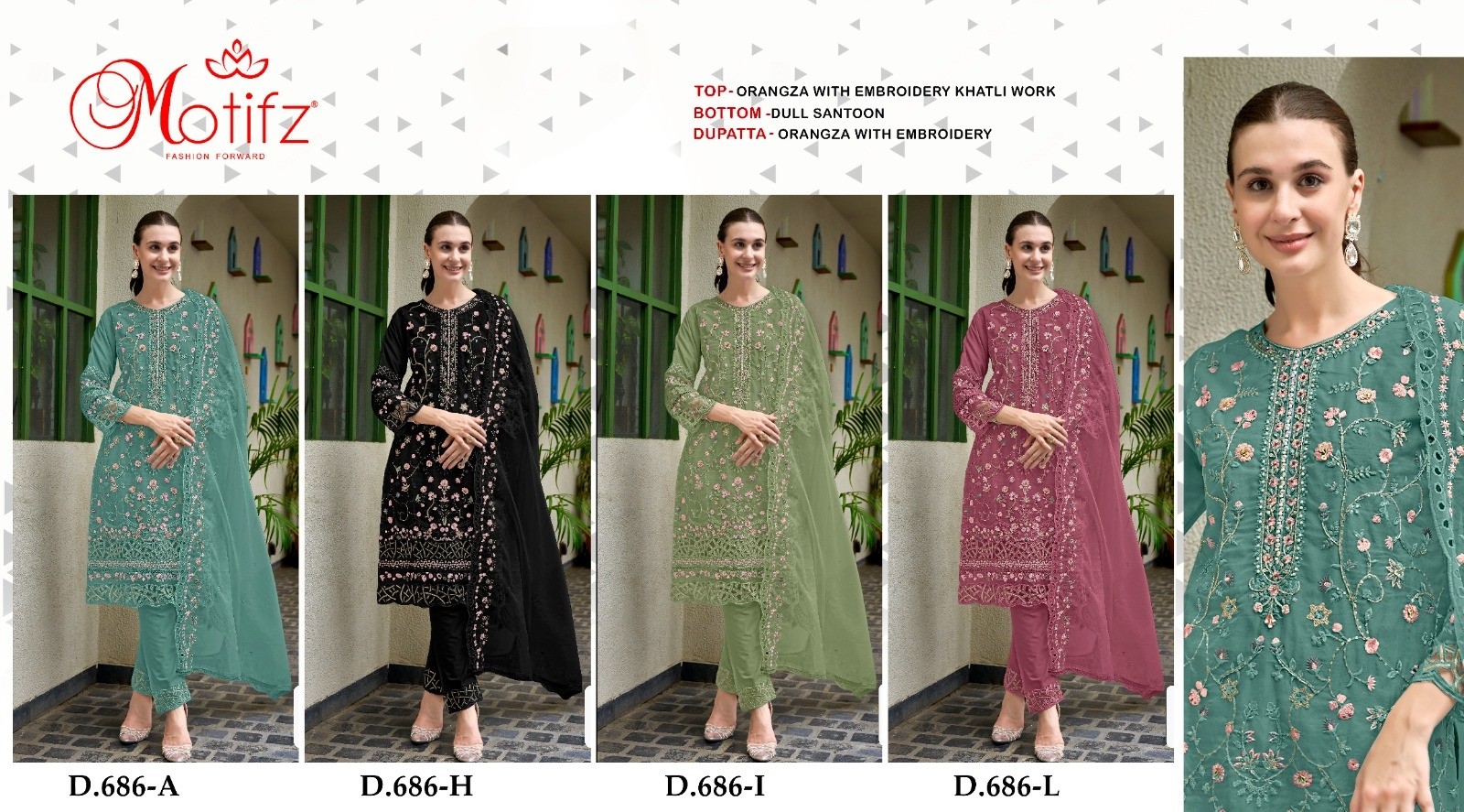 MOTIFZ 686 COLOUR PAKISTANI EMBROIDERY PARTY WEAR SEMI STICHAD SUIT