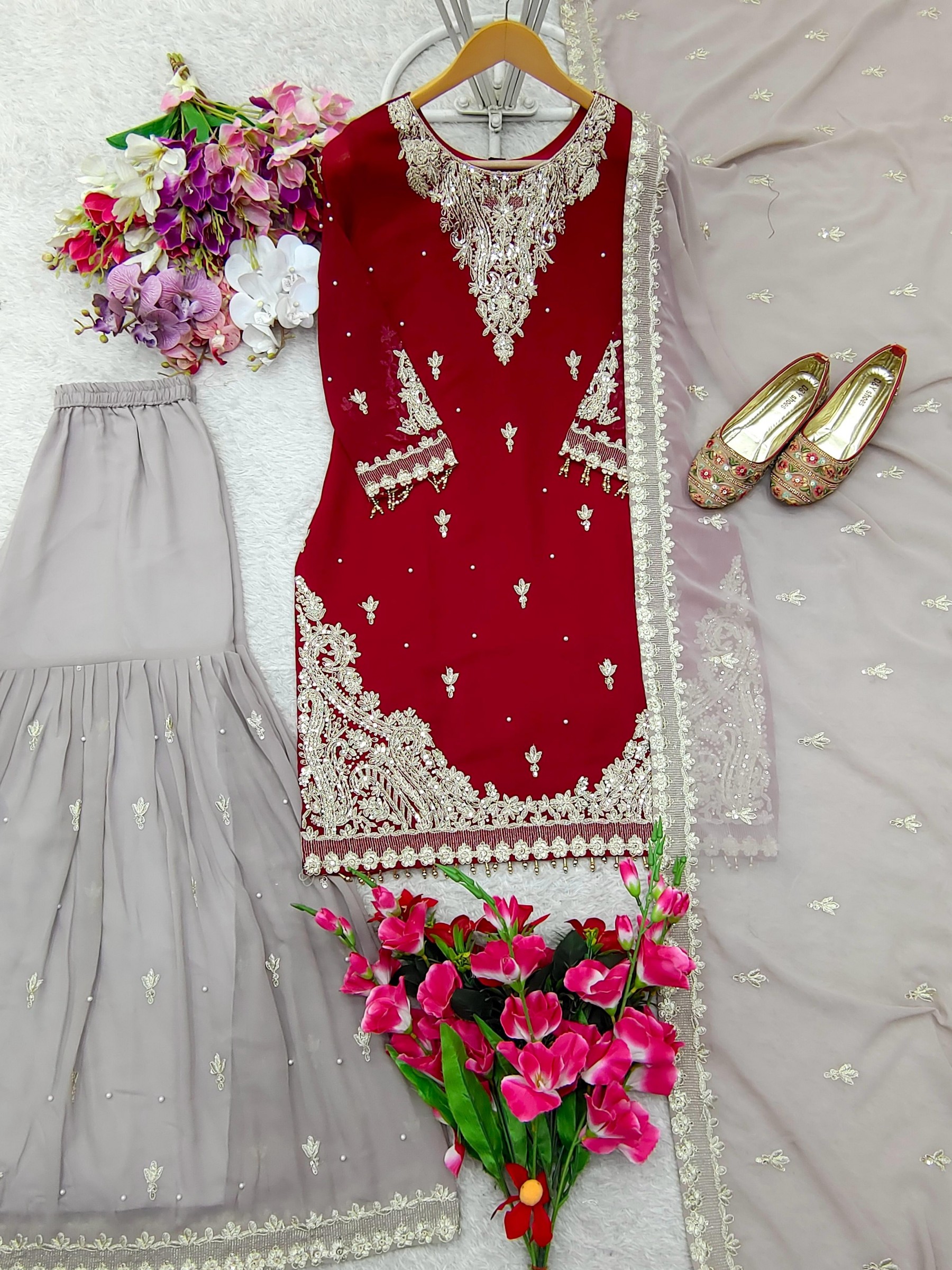 DESIGNER MAROON COLOUR SHARARA SALWAR SUIT WITH HEAVY EMBROIDERY WORK