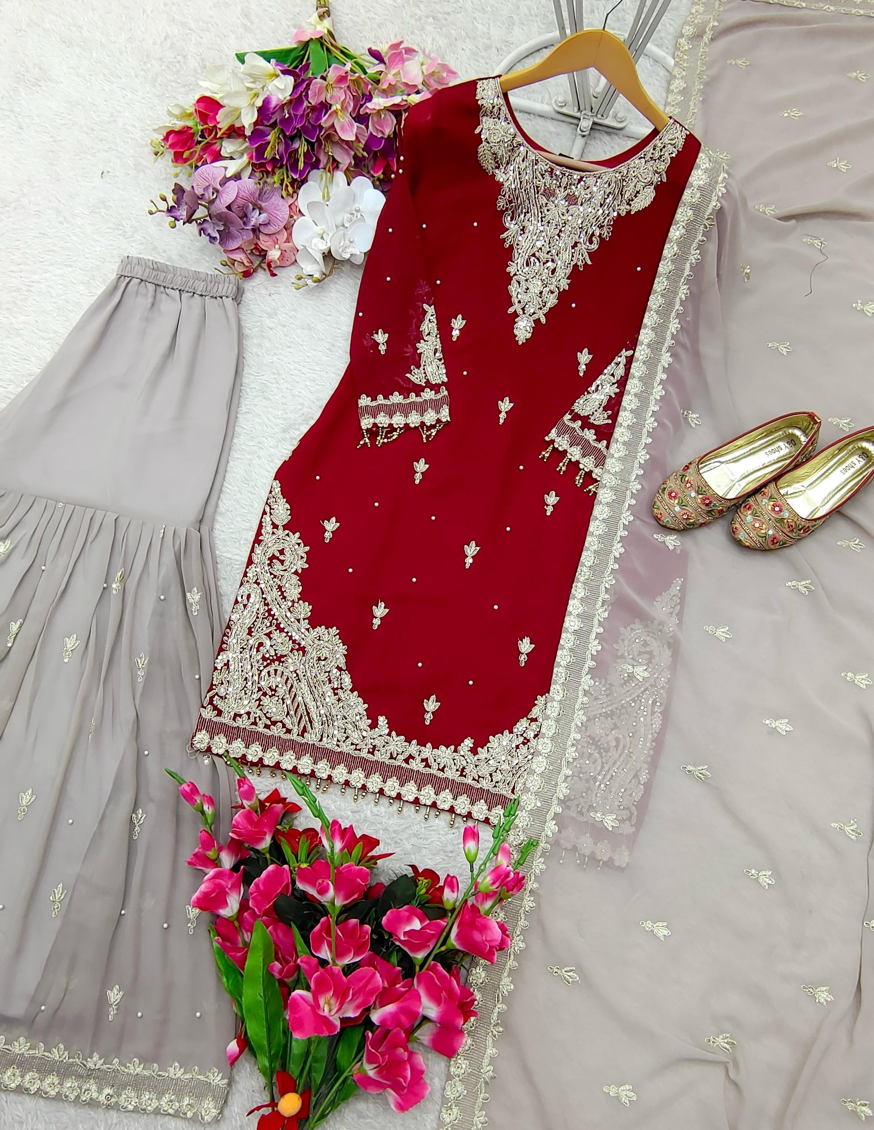 DESIGNER MAROON COLOUR SHARARA SALWAR SUIT WITH HEAVY EMBROIDERY WORK