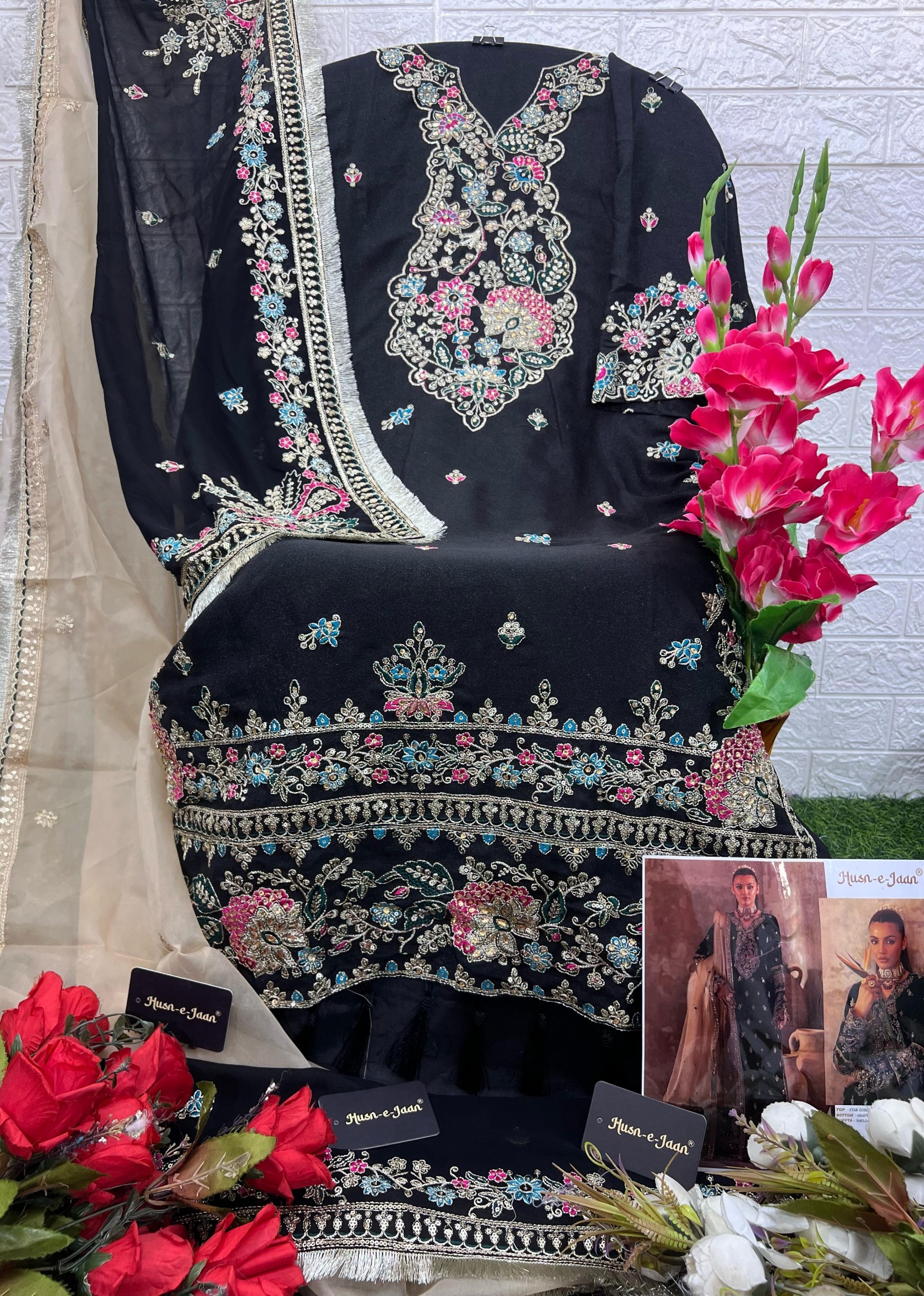 HUSN E JAAN :M 1048 PAKISTANI BLACKPARTY WEAR SALWAR SUIT 