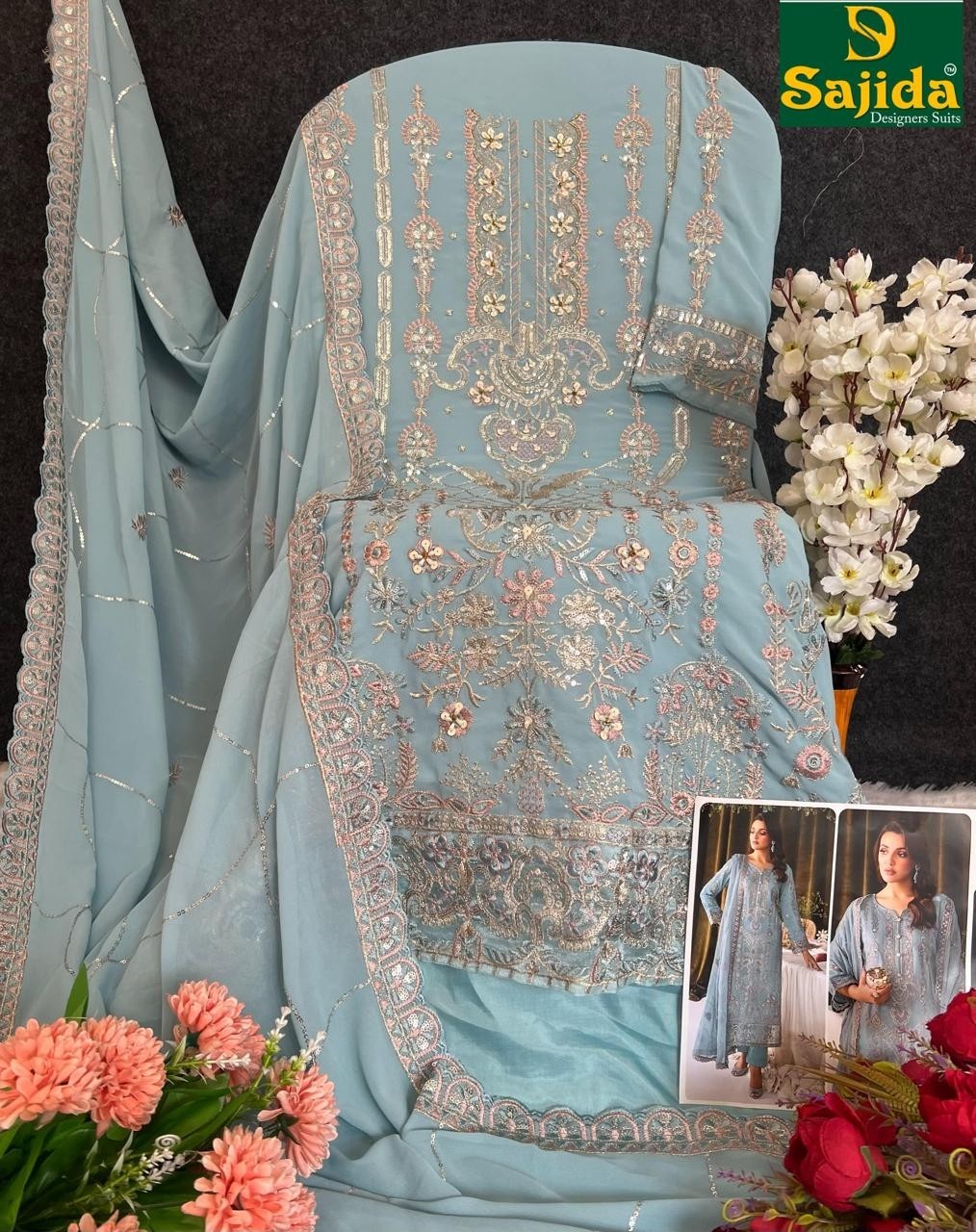   SAJIDA DESIGNERS SUIT SD 1009 PAKISTANI GEORGTTE SEMI STICHAD SALWAR SUIT 