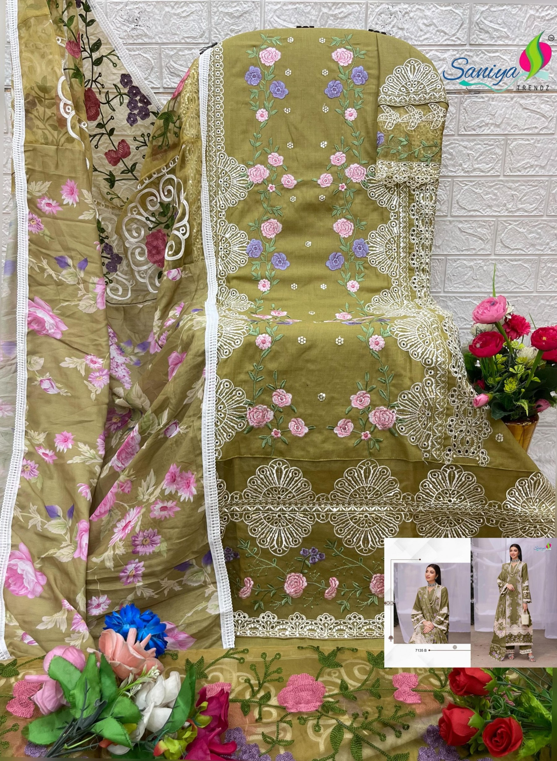 SANIYA TRENDZ 7135 COLOUR PAKISTANI COTTON EMBROIDERY WORK SUIT