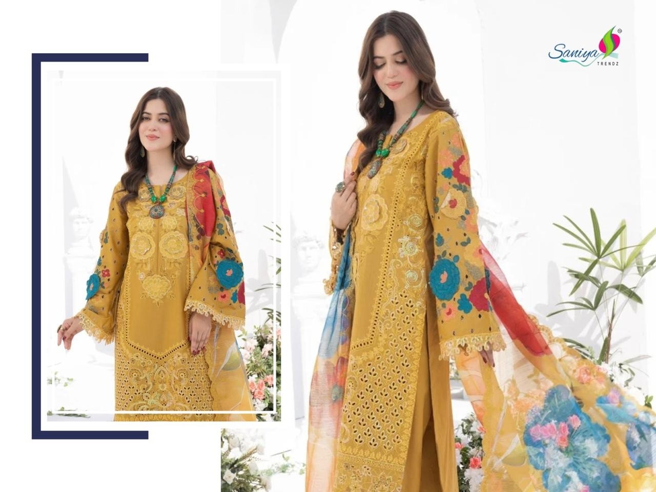 SANIYA TRANDZ KARMA VOL 1 PAKISTANI COTTON WITH CHIKANKARI EMBROIDERED WORK SEMI STRICHAD SALWAR MATIREAL