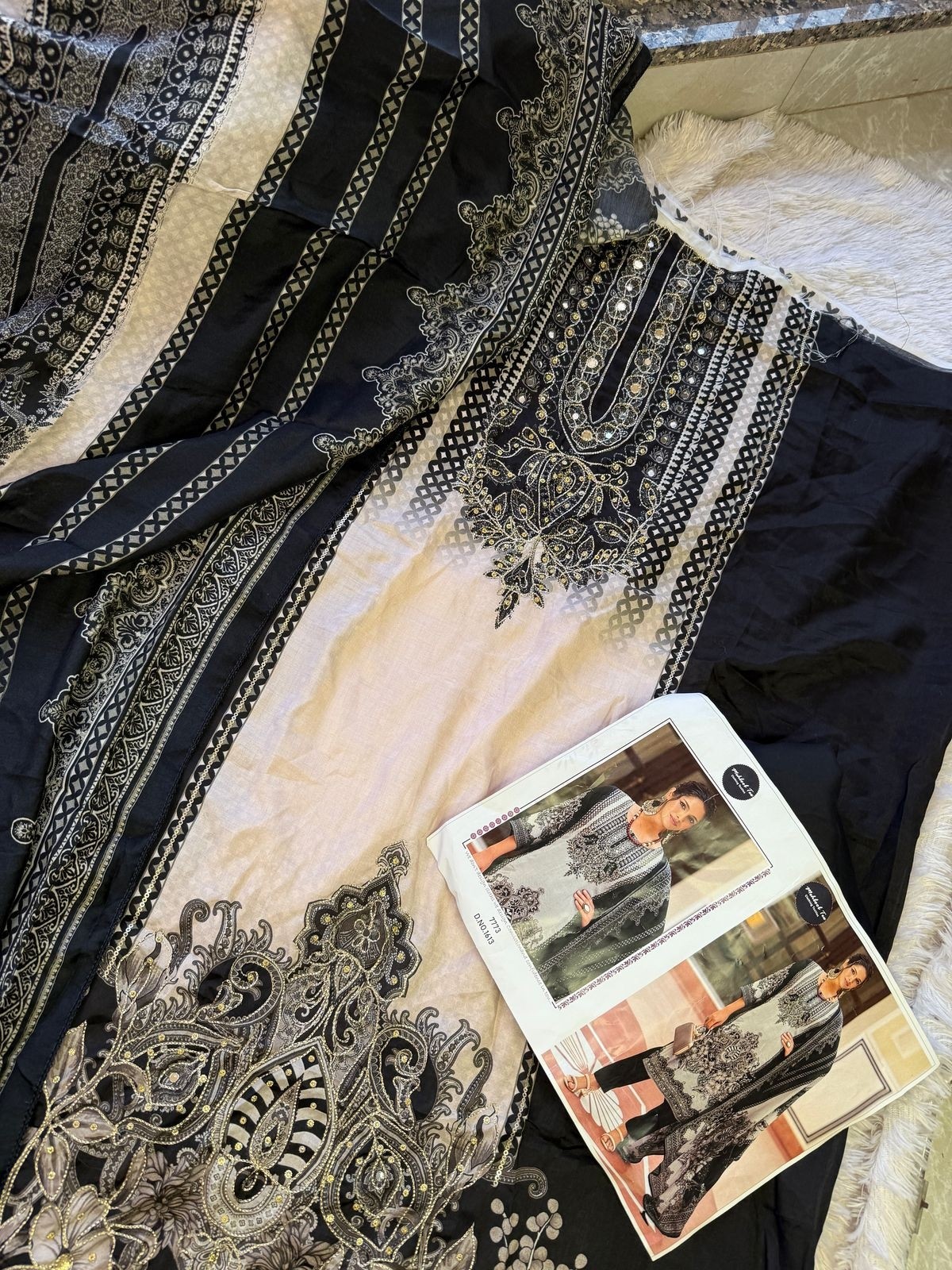 MEHBBOB TEX 1613 PAKISTANI VISCOSE MASLIN COTTON WITH PRINT AND AARI WITH HAND WORK SEMI STICHAD SUIT