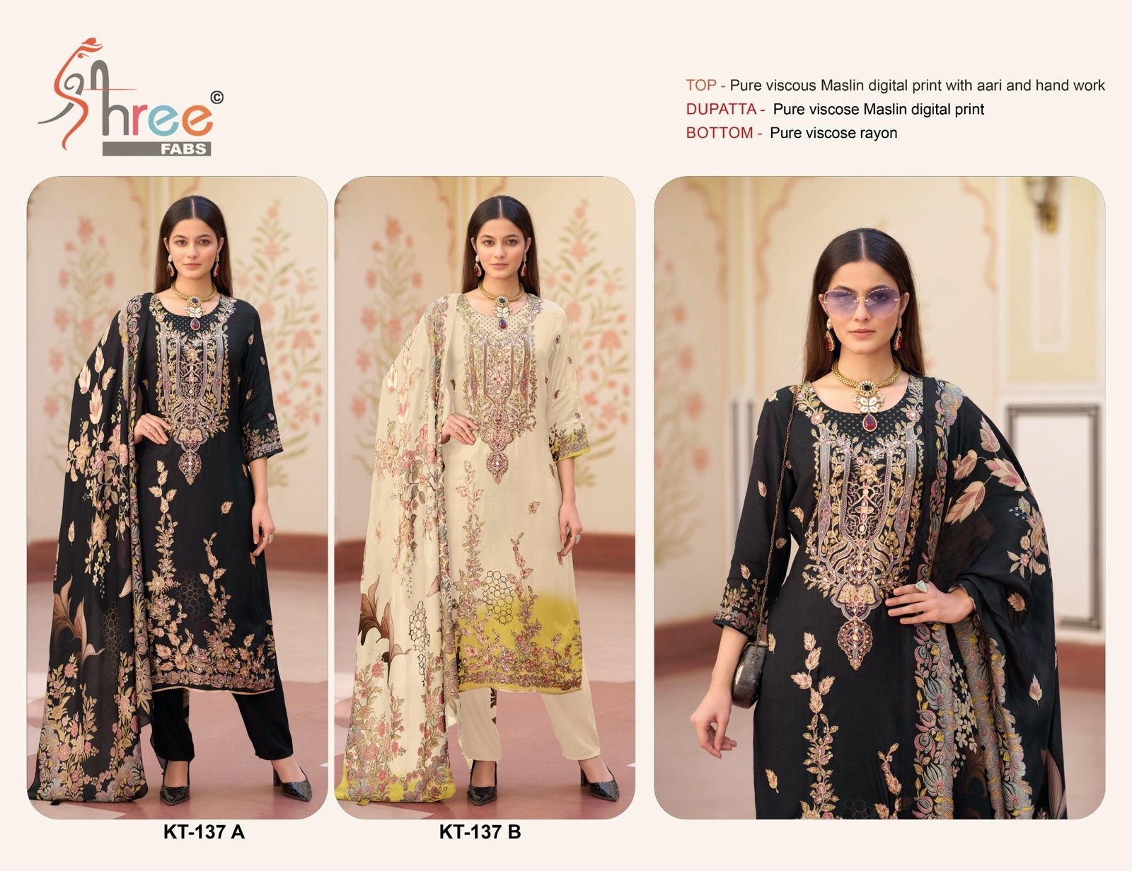 SHREE FABS KT 137 PAKISTANI FANCY MASLIN CONCEPT WITH AARI AND HAND WORK SUIT