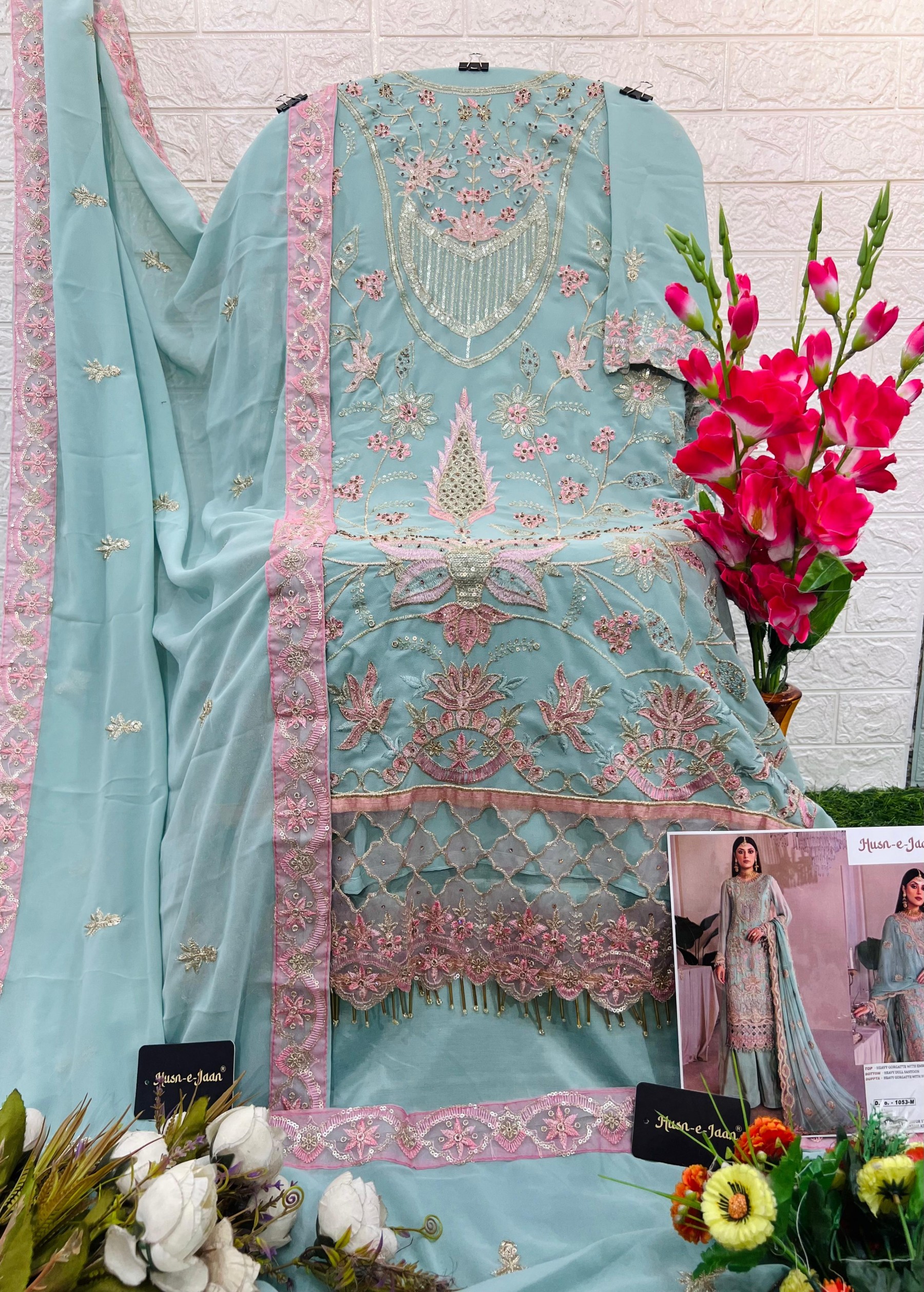 HUSN E JAAN M 1053 PAKISTANI SEMI STICHAD WITH EMBROIDERY SALWAR SUIT