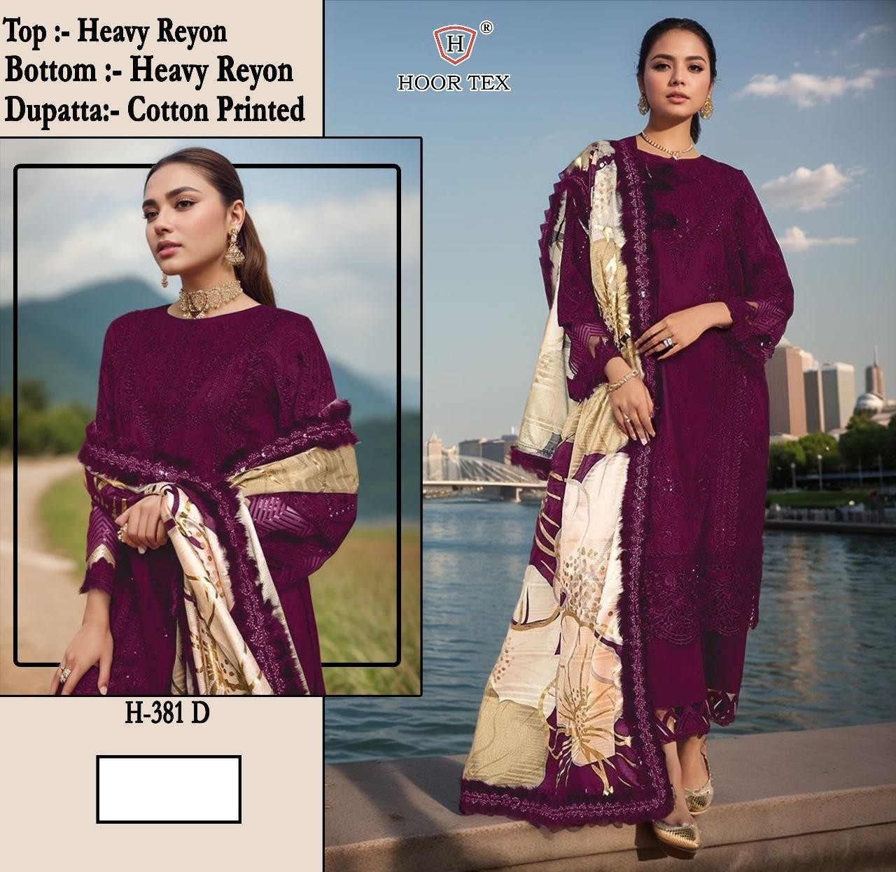 HOOR TEX H 381 RAYON COTTON PAKISTANI EMBROIDERY WORK SUITS 