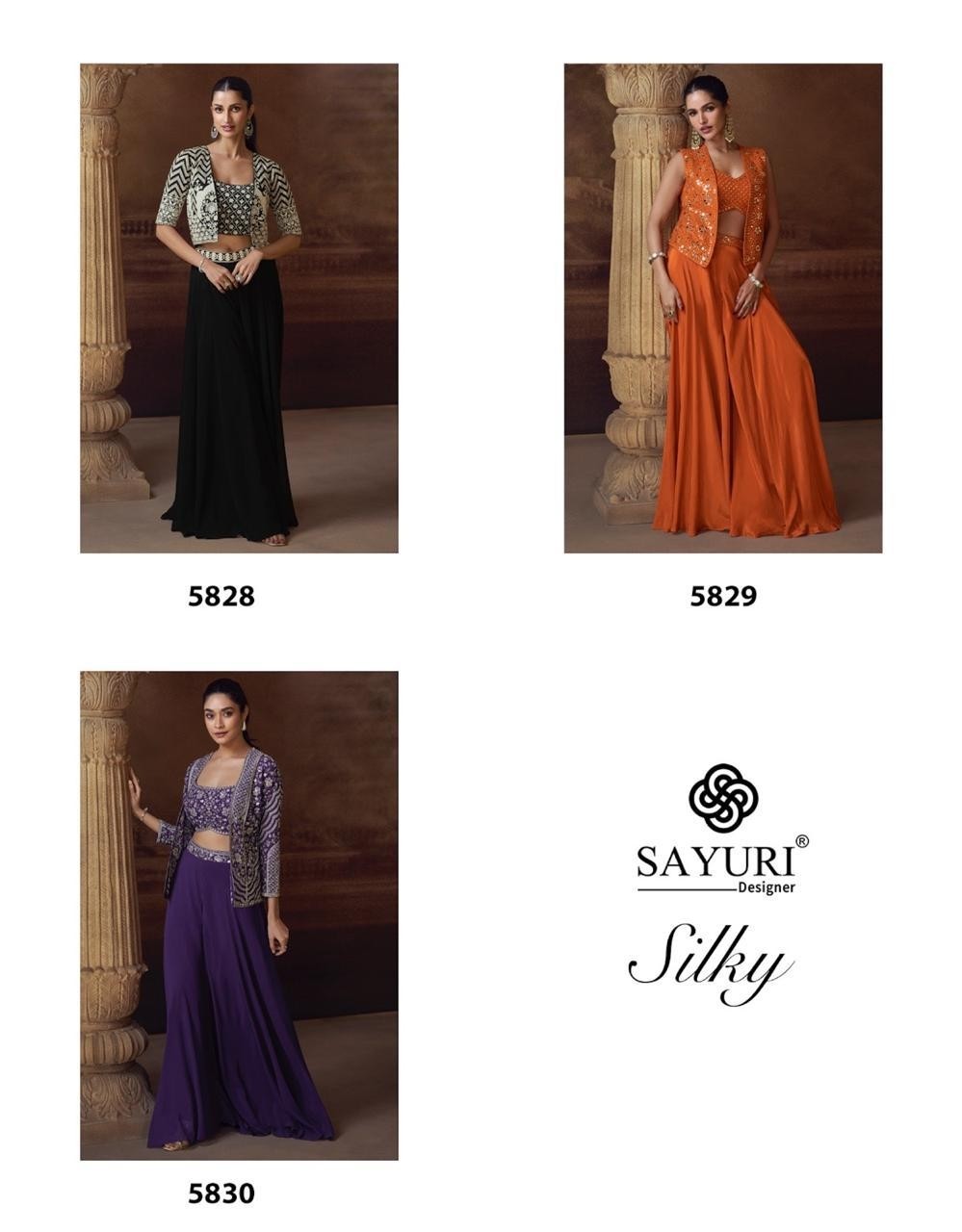 SAYURI DESIGNER BY 5828 SILKY PARTY WEAR CROP TOP SUITS 