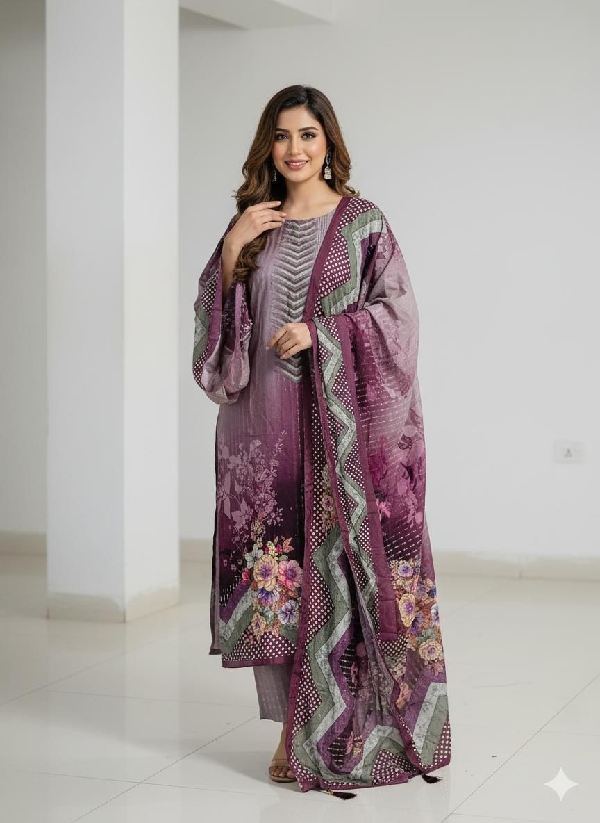 MEHBBOB TEX 1764 PAKISTANI VISCOSE  MASLIN COTTON WITH PRINT SUITS