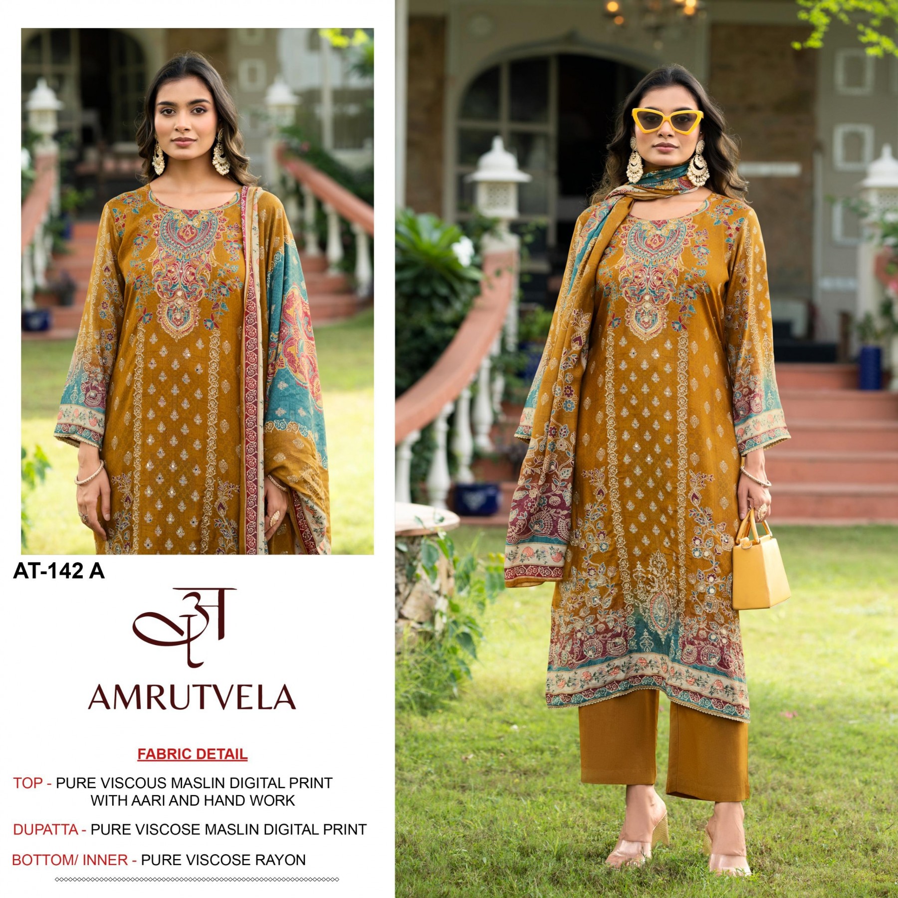 AT 142 HEAVY PAKISTANI PRINTED VISCOSE MASLIN COTTON SUITS