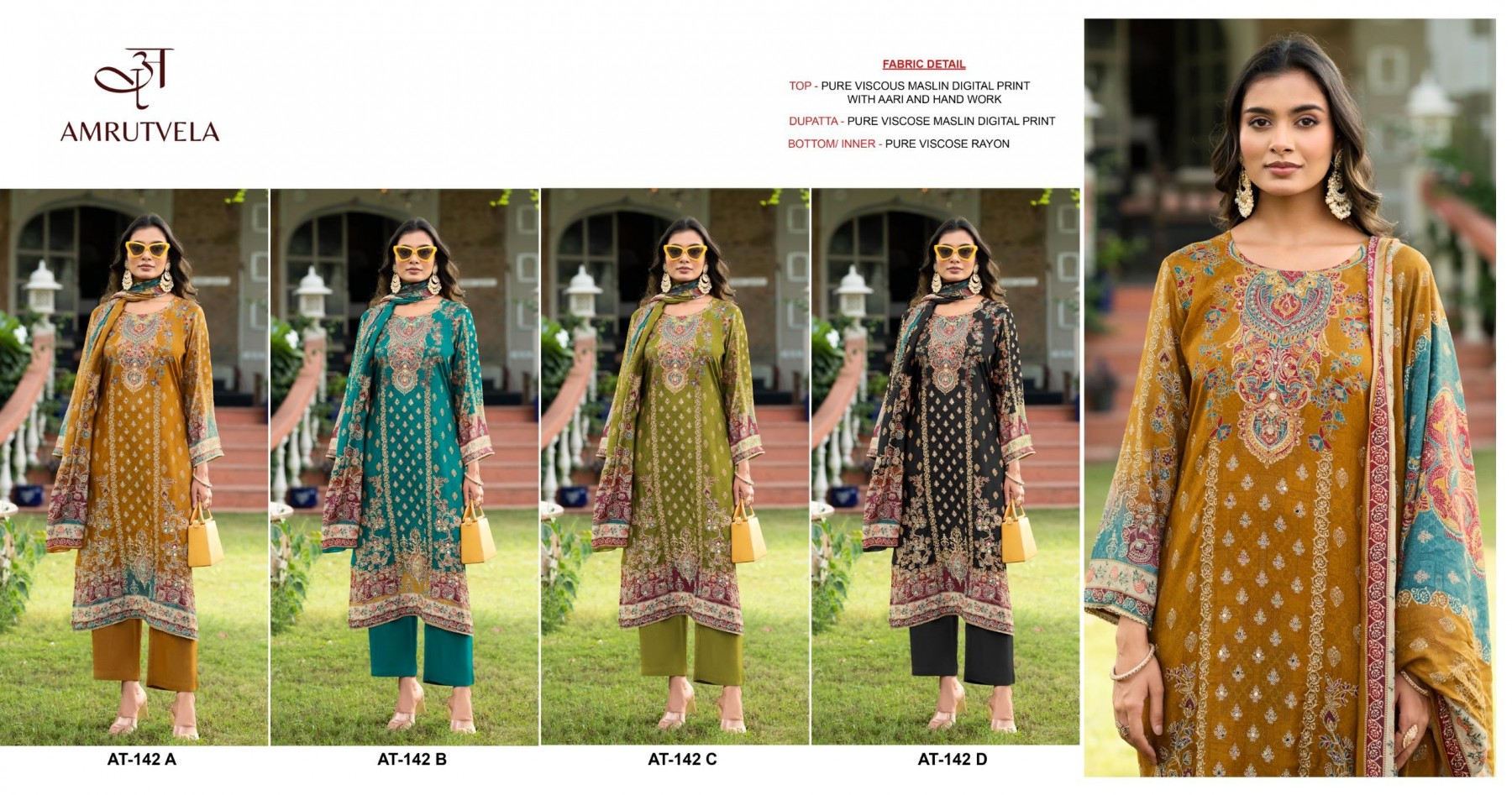 AT 142 HEAVY PAKISTANI PRINTED VISCOSE MASLIN COTTON SUITS