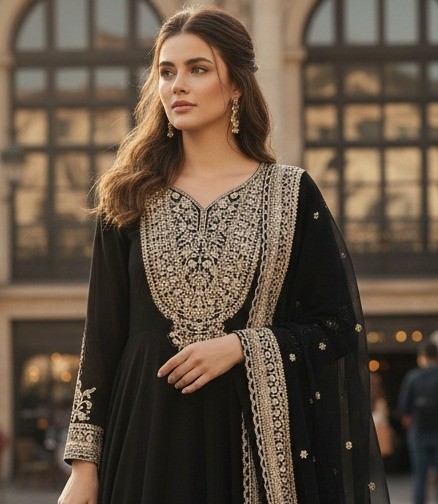 AC-7099 PARTY WEAR EMBROIDERY BLACK COLOUR GOWN SET WHOLESALES 