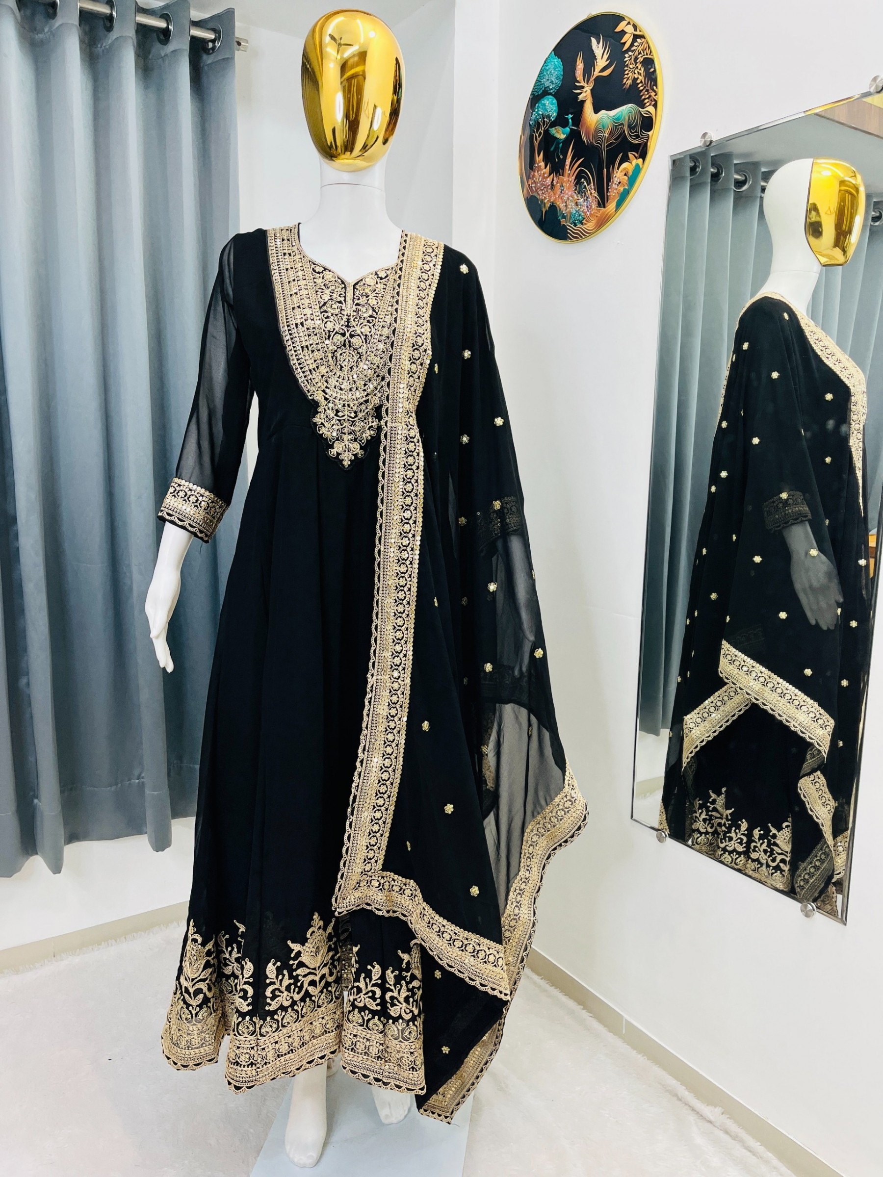 AC-7099 PARTY WEAR EMBROIDERY BLACK COLOUR GOWN SET WHOLESALES 