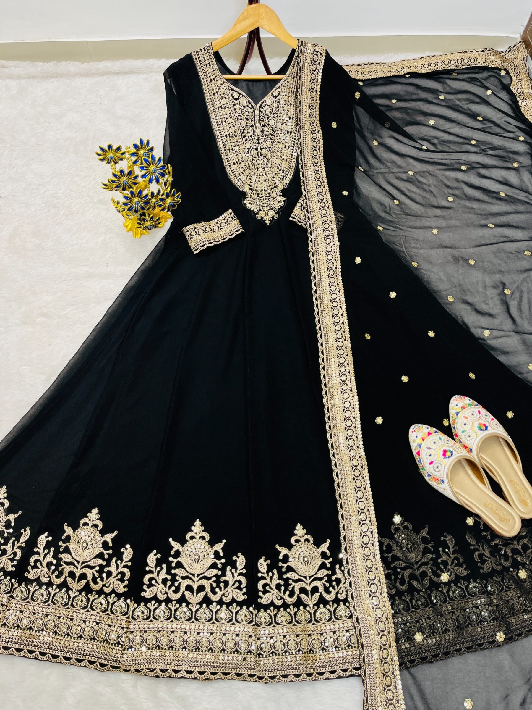 AC-7099 PARTY WEAR EMBROIDERY BLACK COLOUR GOWN SET WHOLESALES 