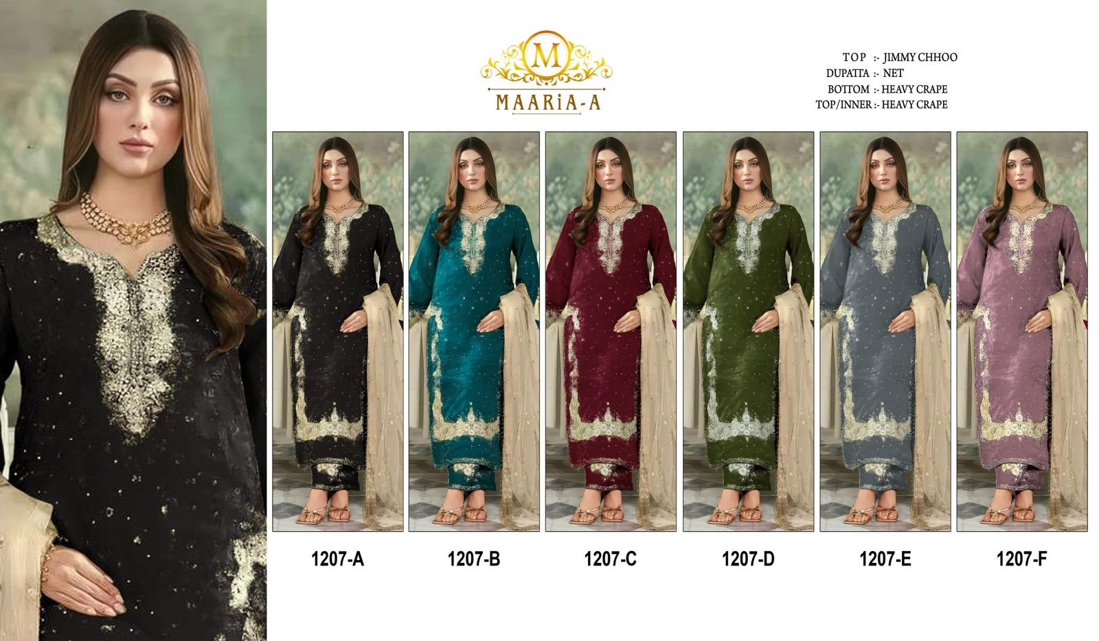 M 1207 PAKISTANI EMBROIDERY JIMMY CHOO SUITS WHOLESALES
