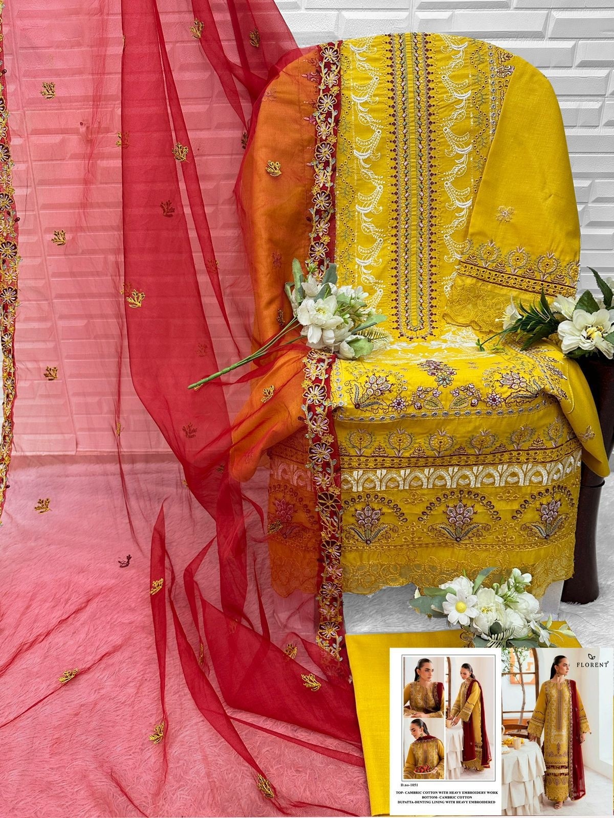 FLORENT1051 PAKISTANI CAMBRIC COTTON WITH HEAVY EMBROIDERY WORK SUIT