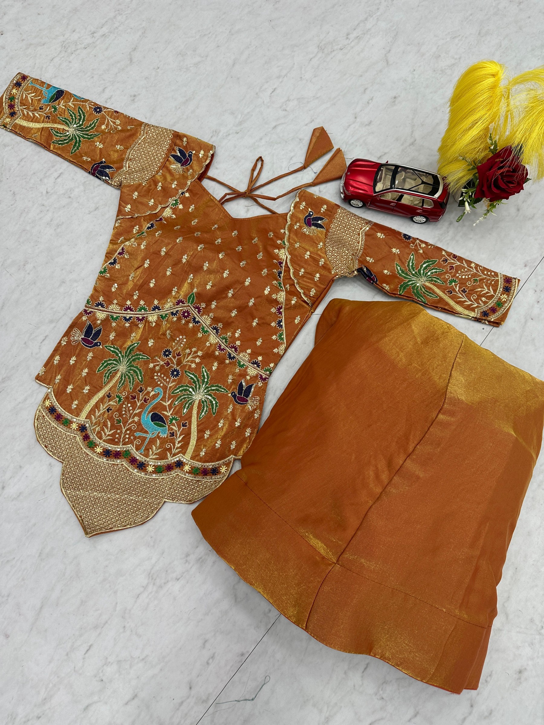 Lavender Silk Peplum Lehenga: Designer Kurti with Peacock & Palm Tree Embroidery, Flared Skirt for Weddings