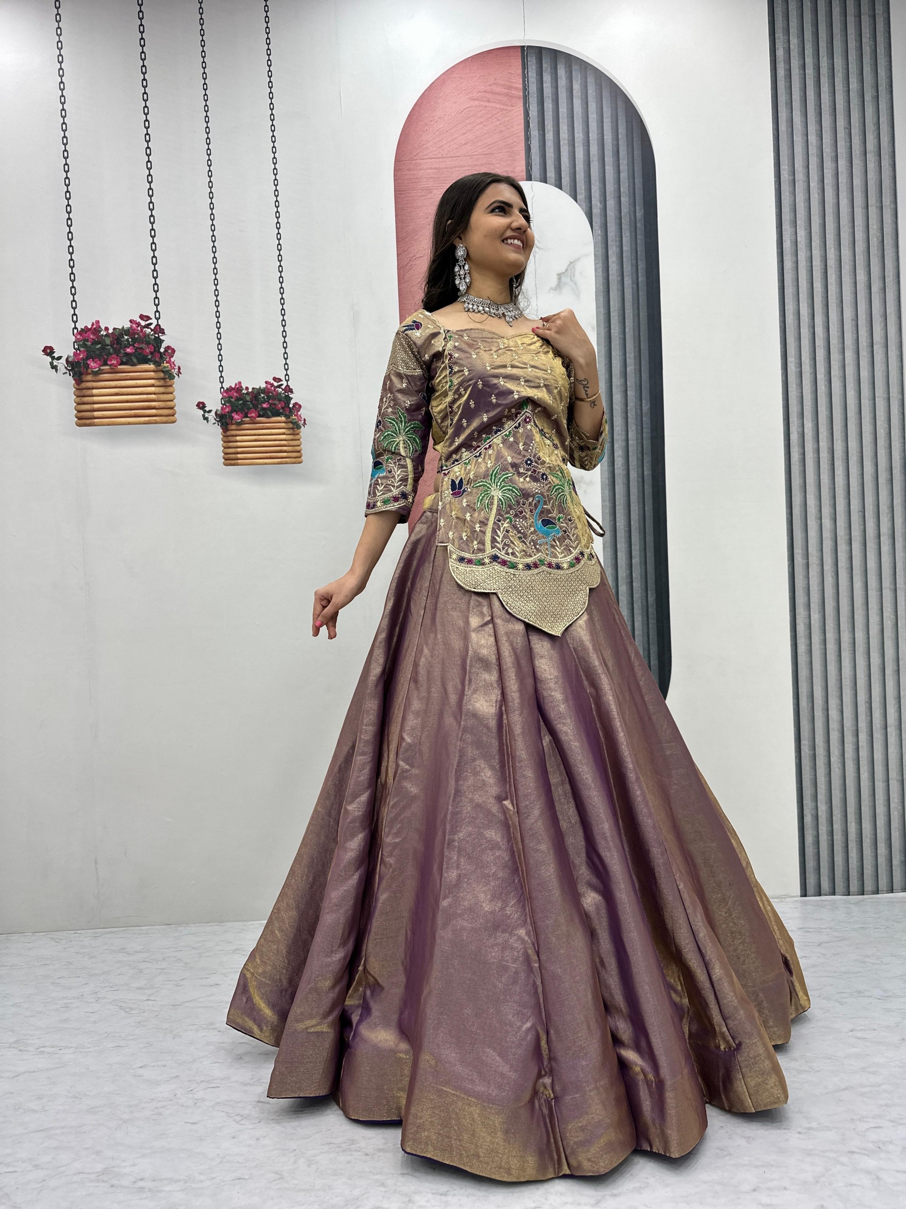 Lavender Silk Peplum Lehenga: Designer Kurti with Peacock & Palm Tree Embroidery, Flared Skirt for Weddings