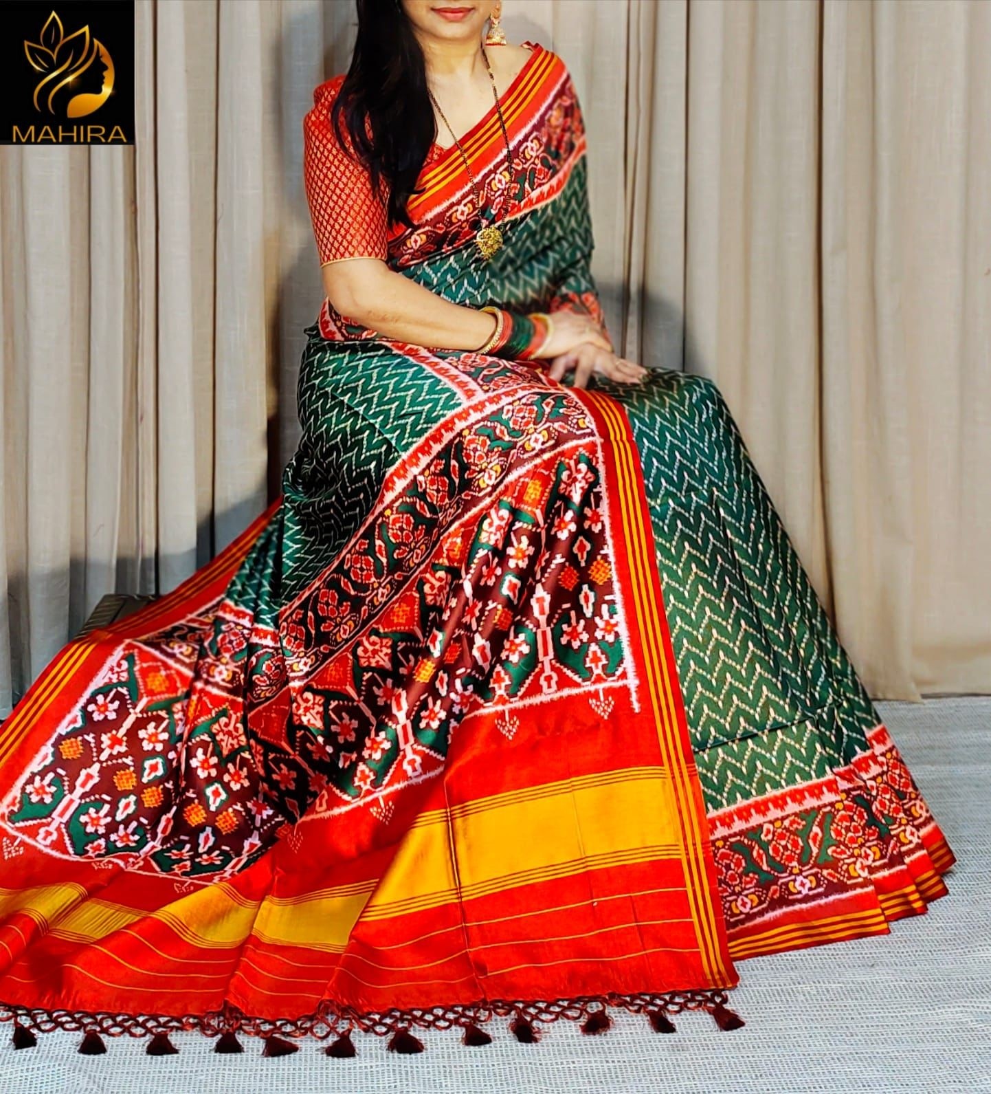 Traditional Gujarati Patola Silk Saree: Vibrant Red Ikkat Work with Designer Zari Border & Matching Blouse Piece