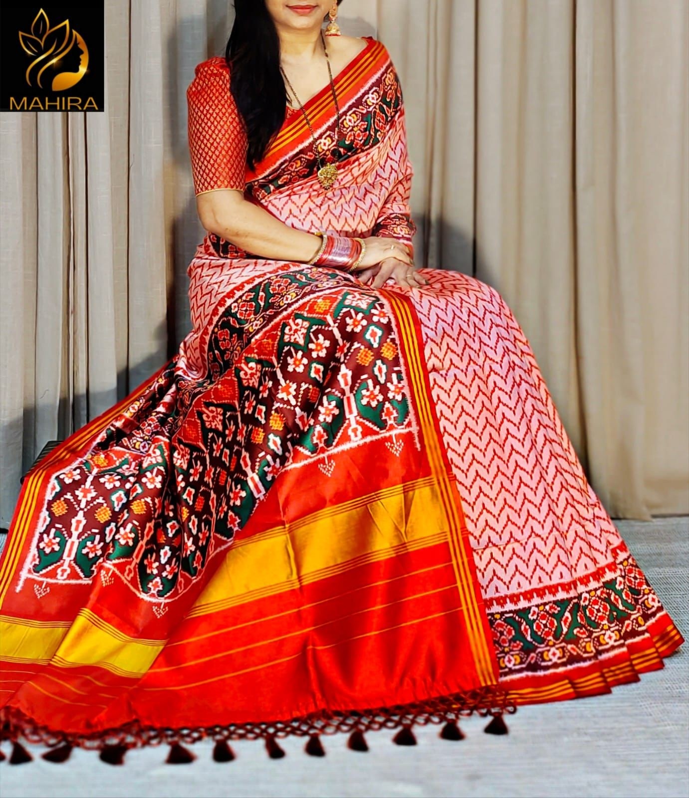 Traditional Gujarati Patola Silk Saree: Vibrant Red Ikkat Work with Designer Zari Border & Matching Blouse Piece