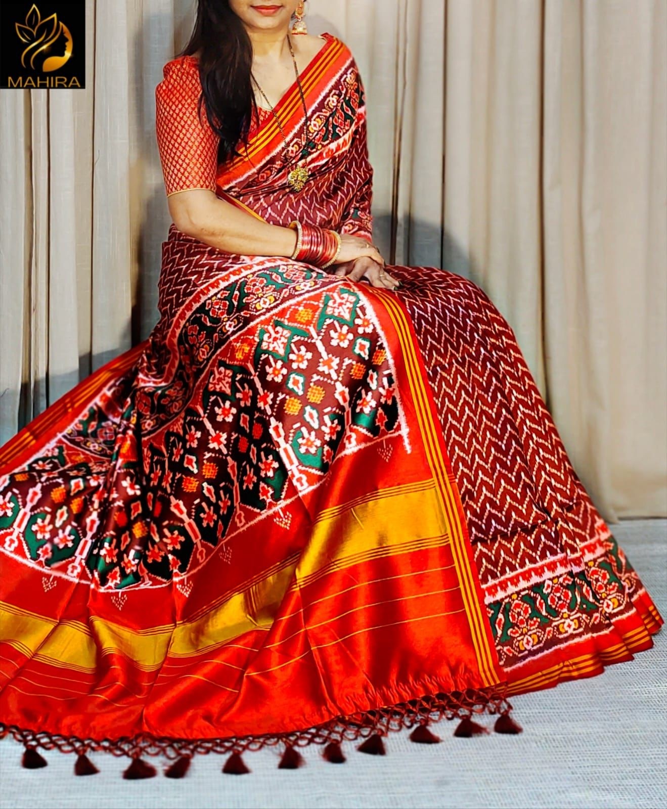 Traditional Gujarati Patola Silk Saree: Vibrant Red Ikkat Work with Designer Zari Border & Matching Blouse Piece