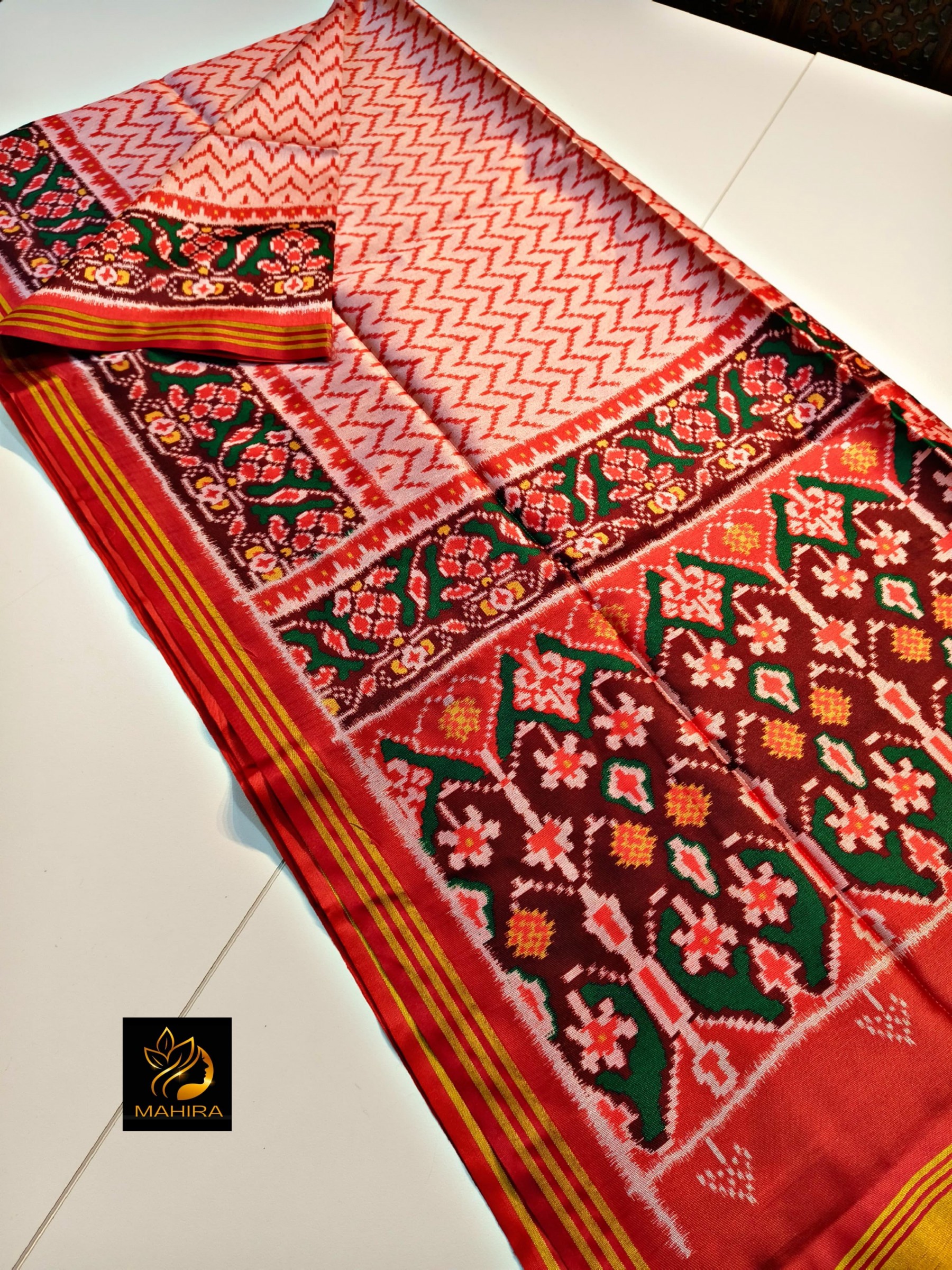 Traditional Gujarati Patola Silk Saree: Vibrant Red Ikkat Work with Designer Zari Border & Matching Blouse Piece