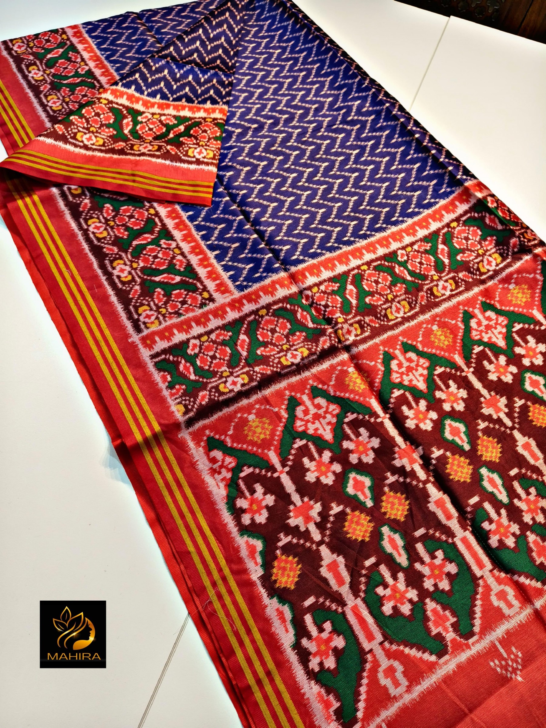 Traditional Gujarati Patola Silk Saree: Vibrant Red Ikkat Work with Designer Zari Border & Matching Blouse Piece