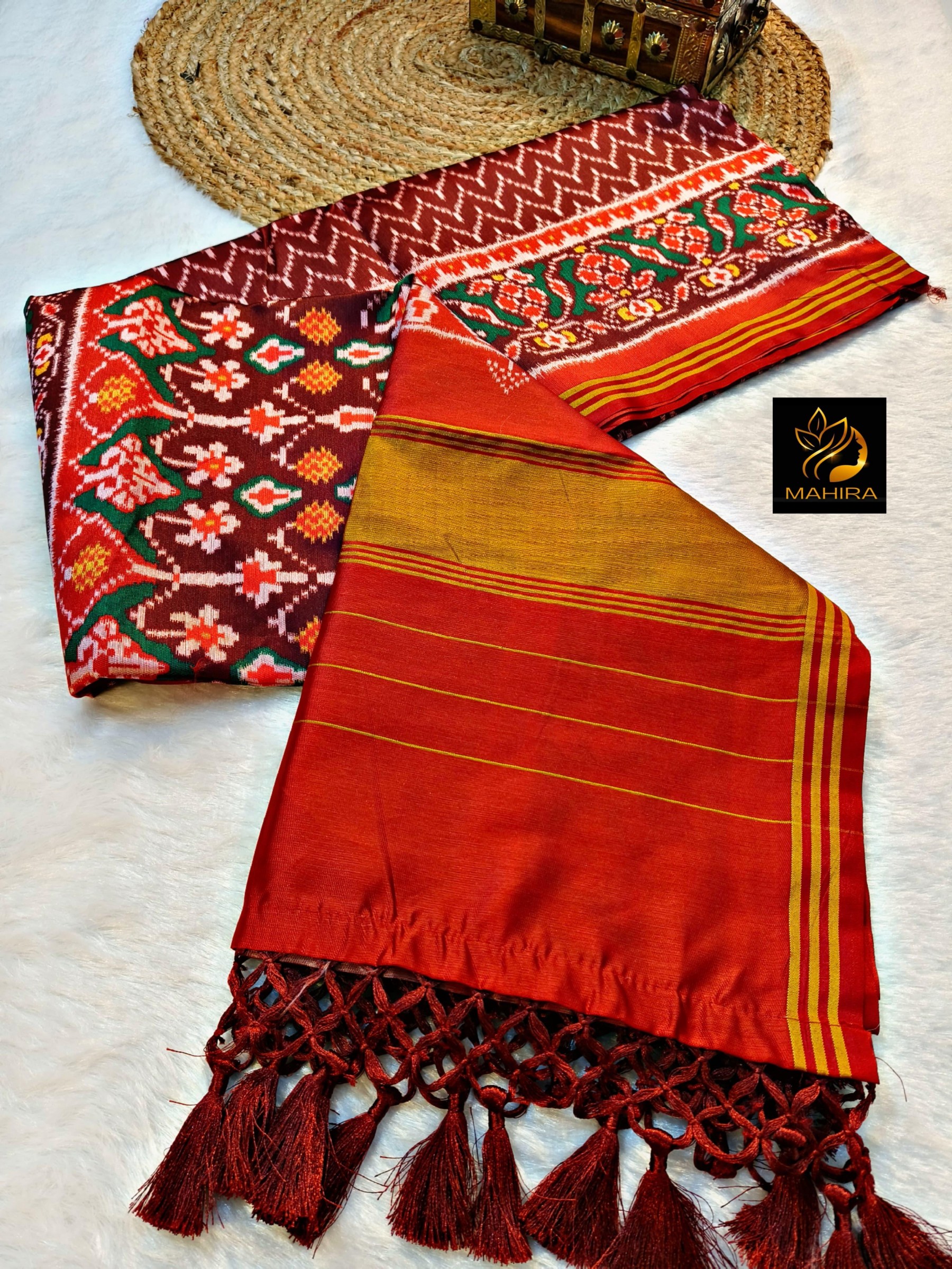 Traditional Gujarati Patola Silk Saree: Vibrant Red Ikkat Work with Designer Zari Border & Matching Blouse Piece