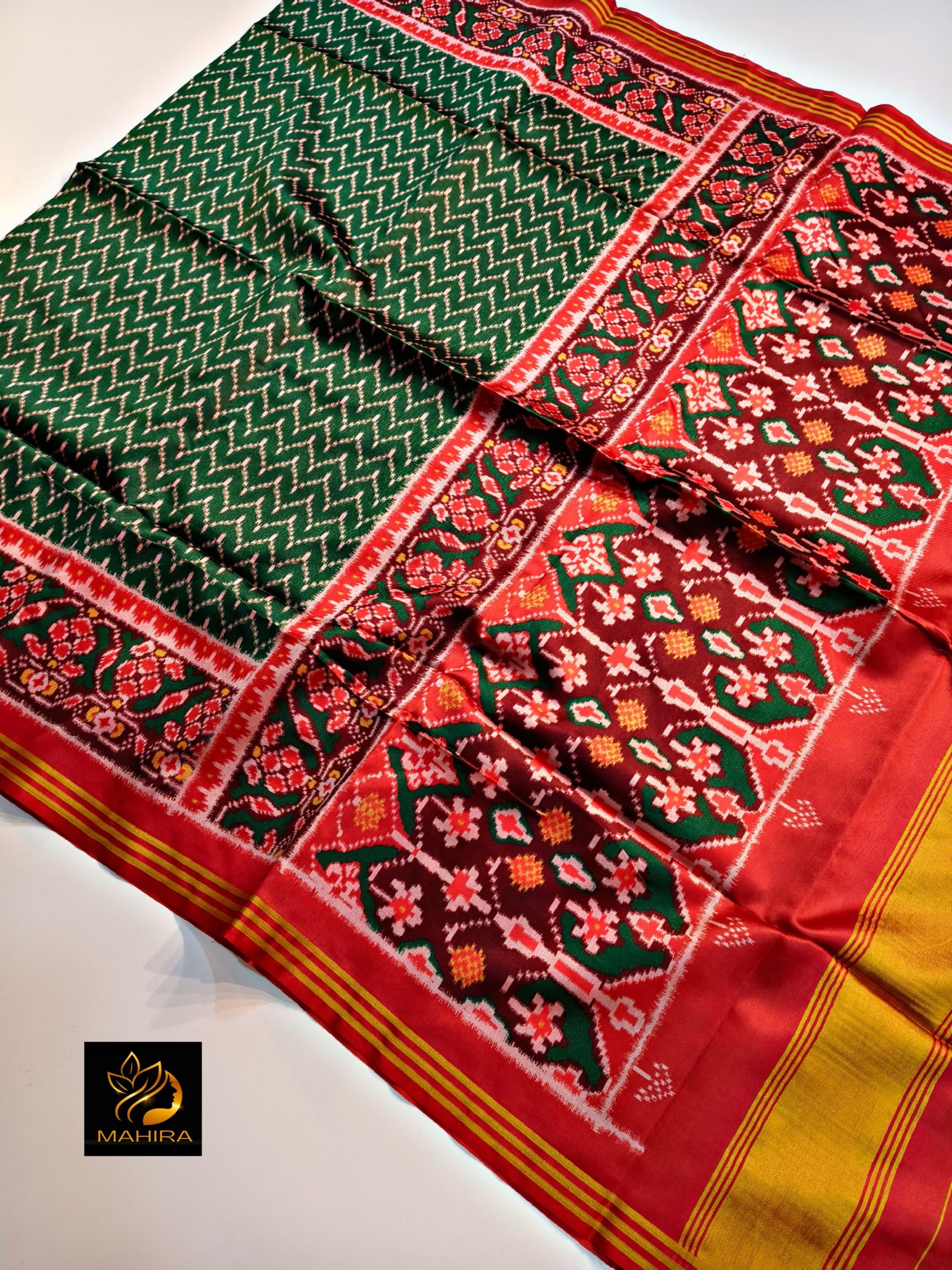 Traditional Gujarati Patola Silk Saree: Vibrant Red Ikkat Work with Designer Zari Border & Matching Blouse Piece