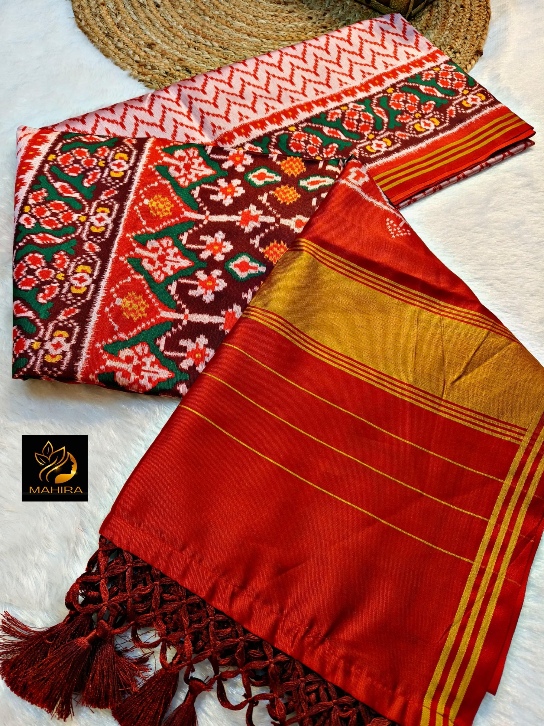 Traditional Gujarati Patola Silk Saree: Vibrant Red Ikkat Work with Designer Zari Border & Matching Blouse Piece