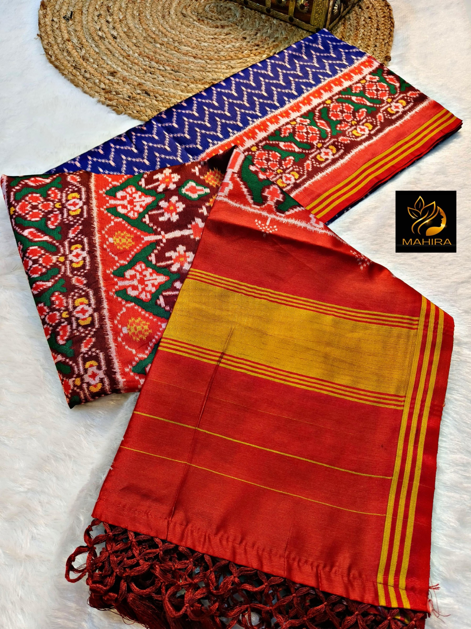 Traditional Gujarati Patola Silk Saree: Vibrant Red Ikkat Work with Designer Zari Border & Matching Blouse Piece