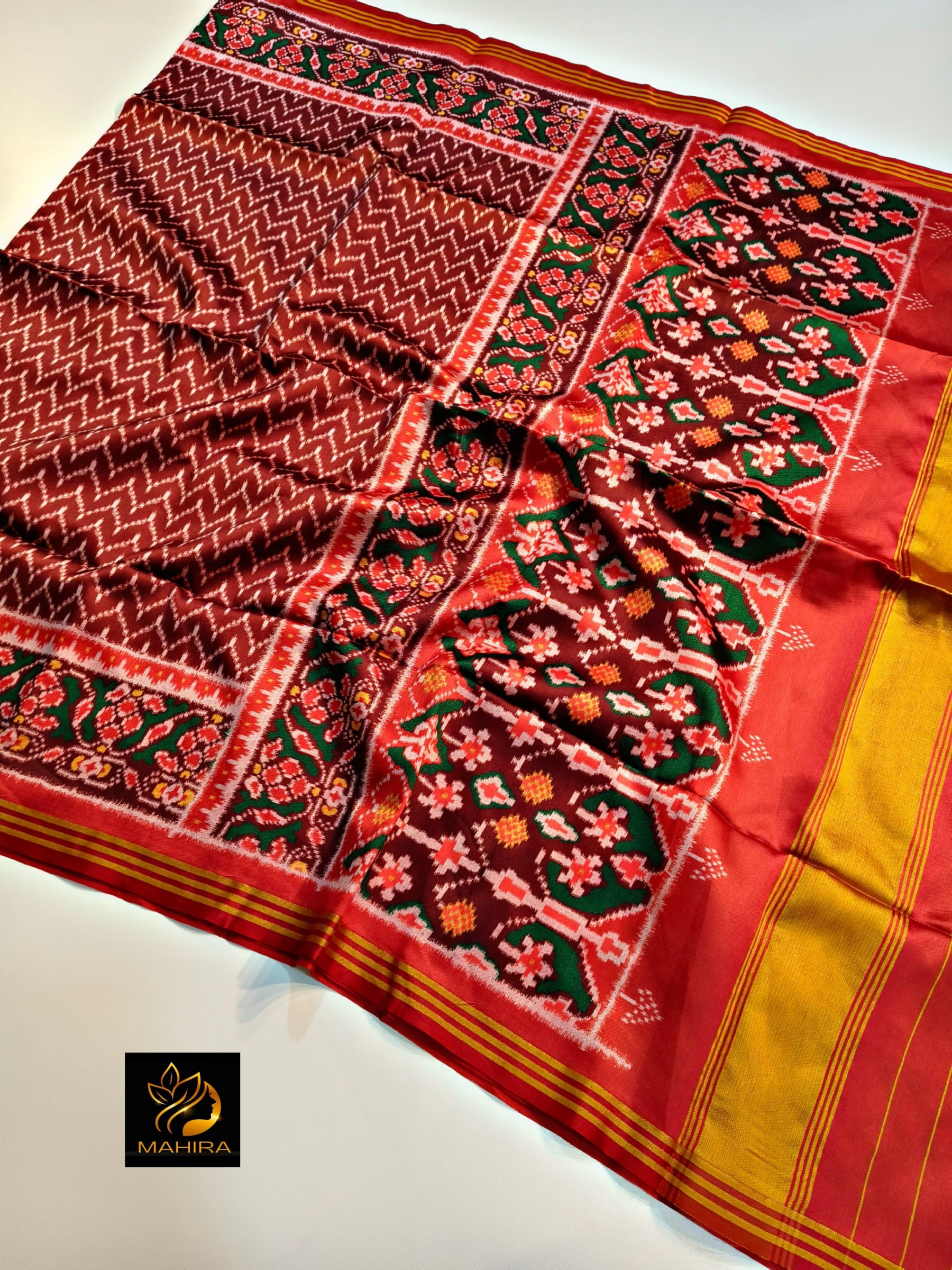 Traditional Gujarati Patola Silk Saree: Vibrant Red Ikkat Work with Designer Zari Border & Matching Blouse Piece