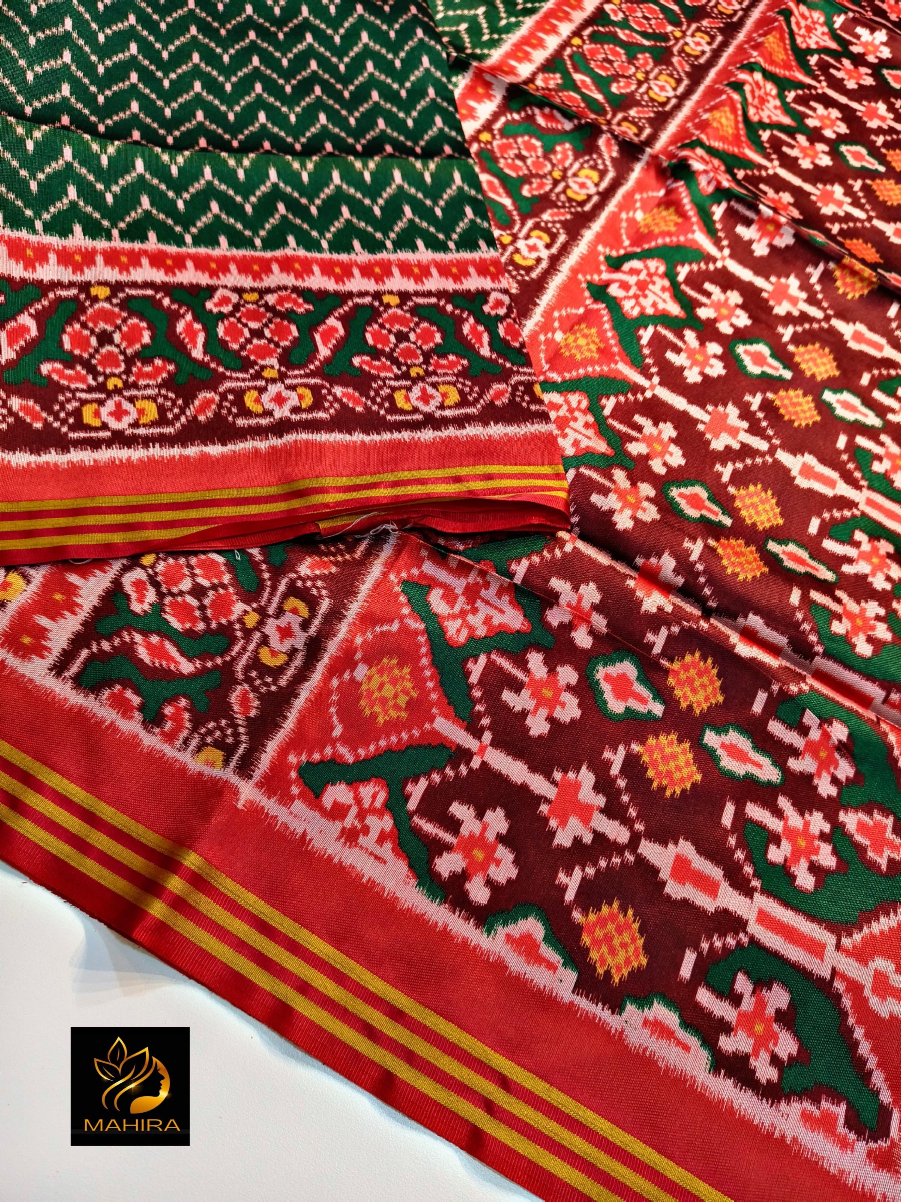 Traditional Gujarati Patola Silk Saree: Vibrant Red Ikkat Work with Designer Zari Border & Matching Blouse Piece