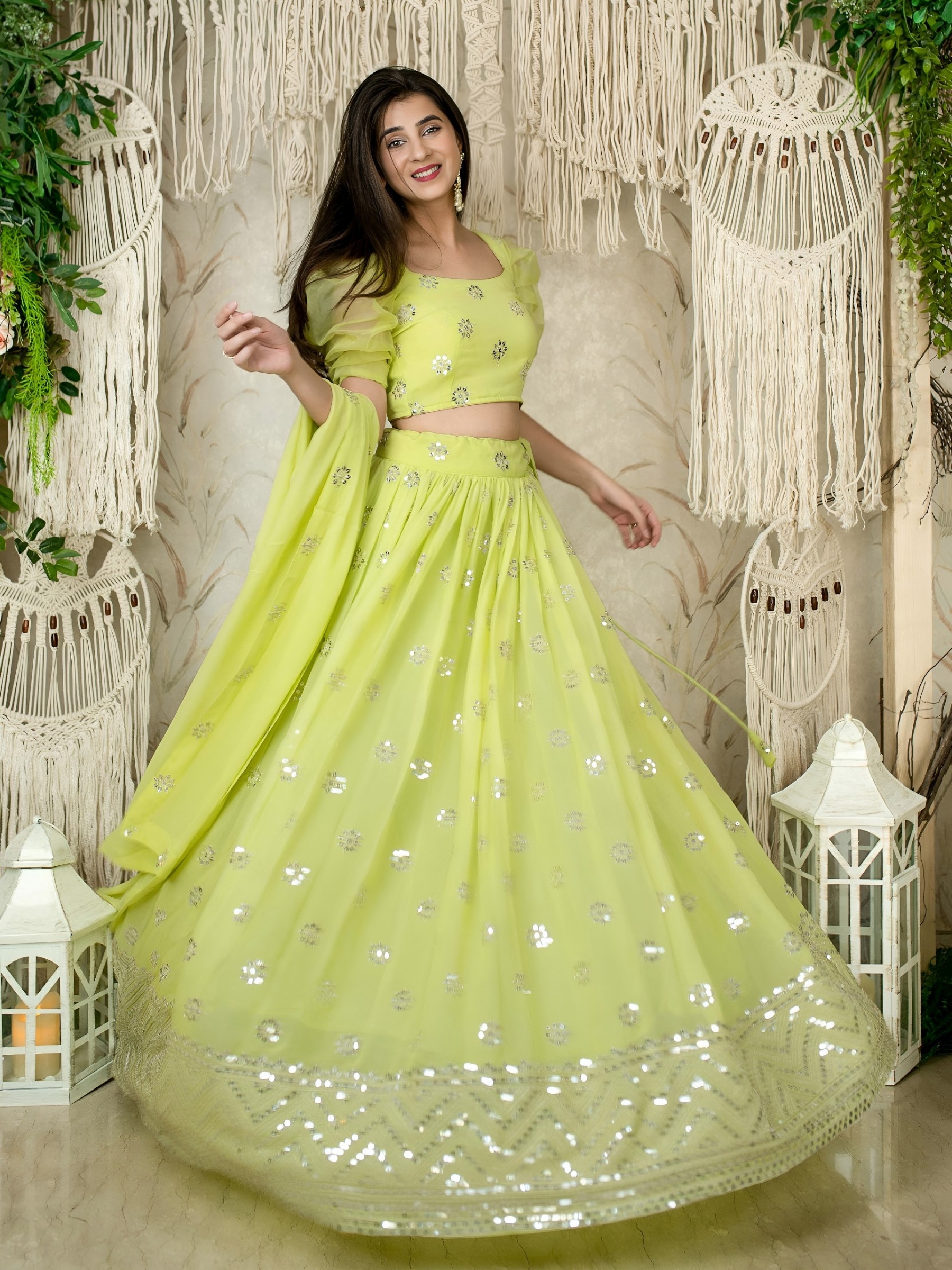 Designer Lime Green Lehenga Set: All-Over Sequin Butti Work with Heavy Embroidery Border & Organza Puff Sleeves