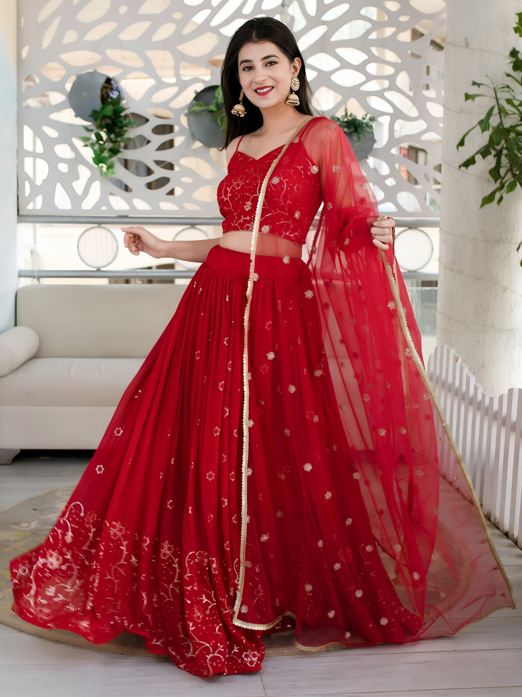 Festive Red Lehenga Set Premium Georgette Embroidery with Micro Cotton Inner Soft Net Dupatta