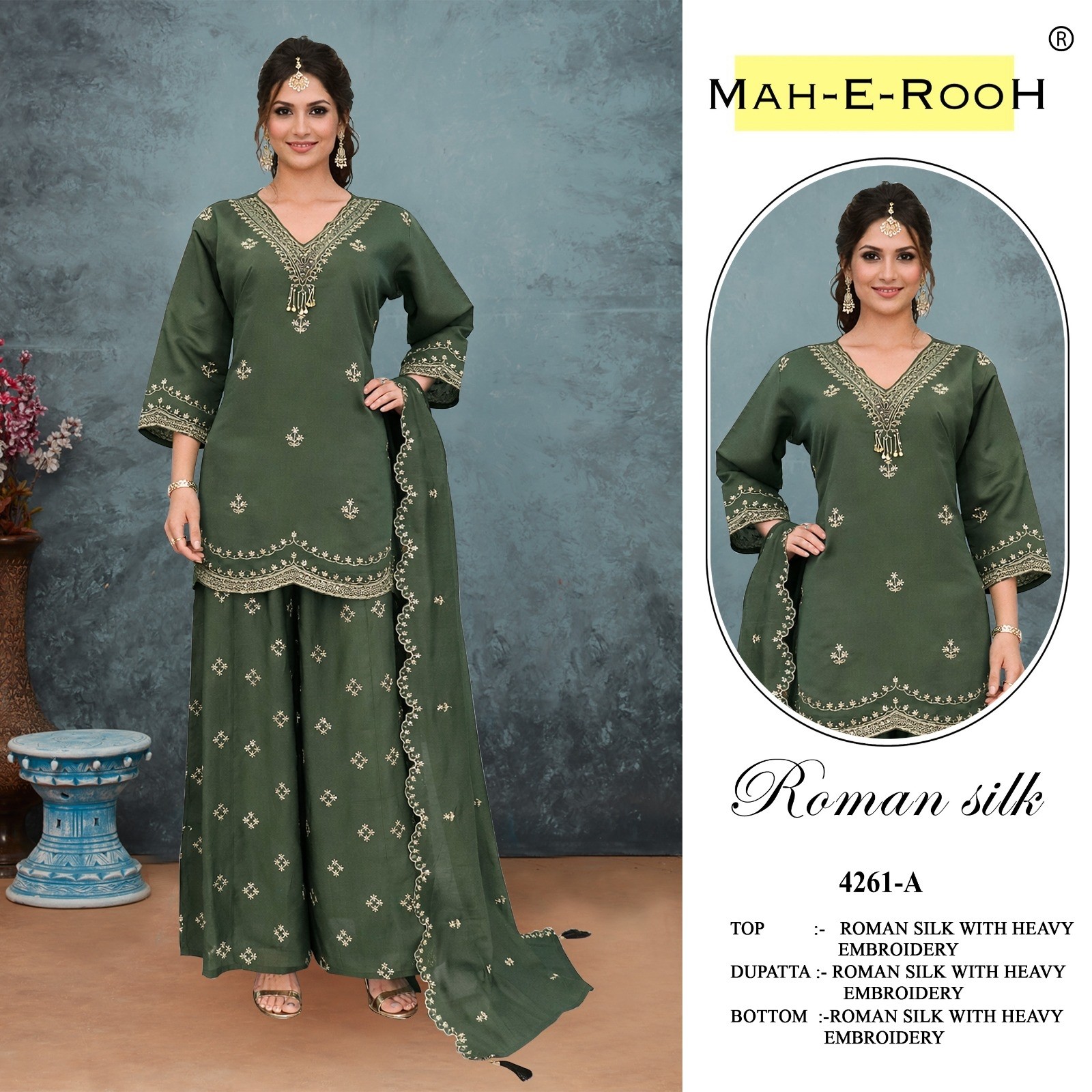 Mah-E-Rooh 4261 Roman Silk Sharara Set: Heavy Embroidery Top, Bottom & Dupatta, Elegant Festive Wear Suit
