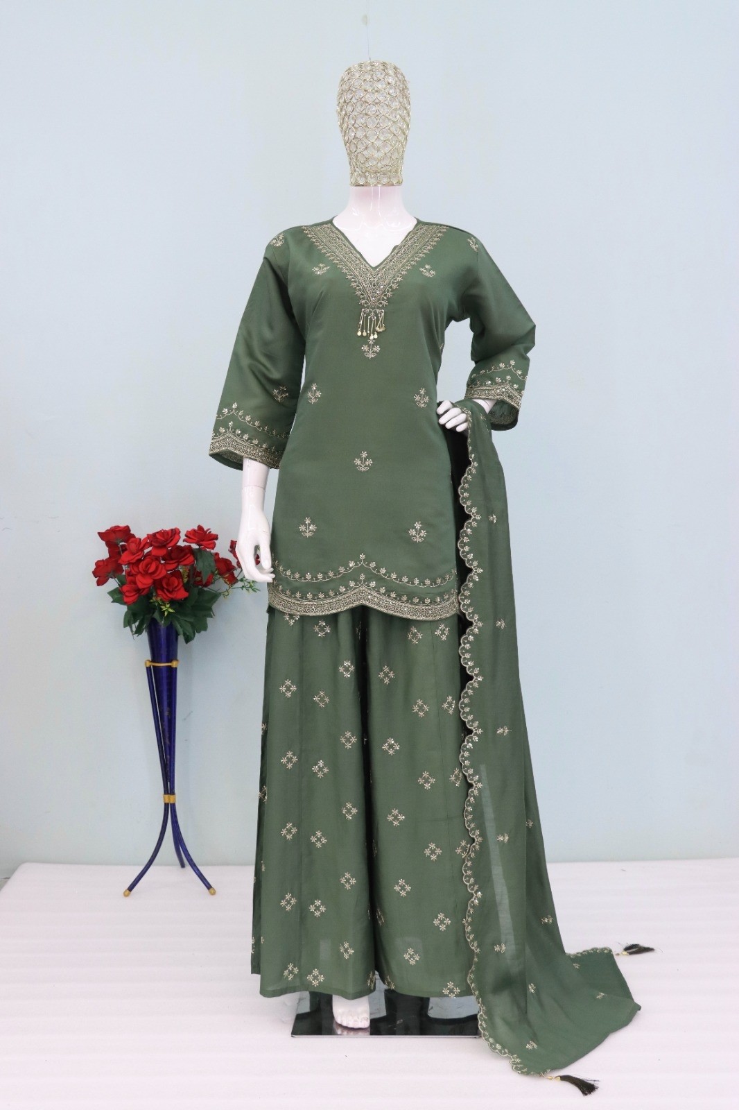 Mah-E-Rooh 4261 Roman Silk Sharara Set: Heavy Embroidery Top, Bottom & Dupatta, Elegant Festive Wear Suit