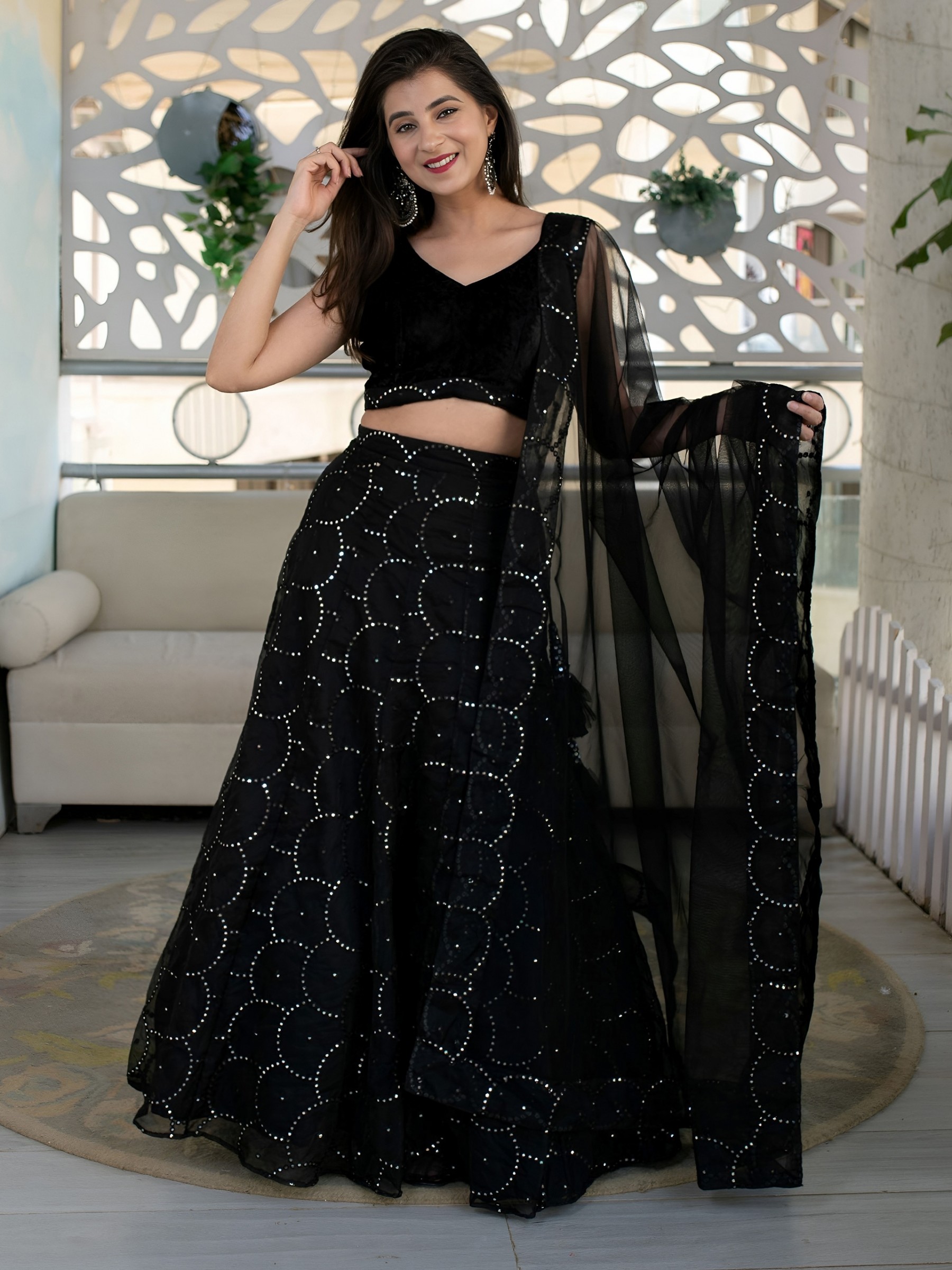 Designer Black Lehenga Choli: All-Over Mirror Embroidery, Flared Georgette Skirt with Elegant Net Dupatta