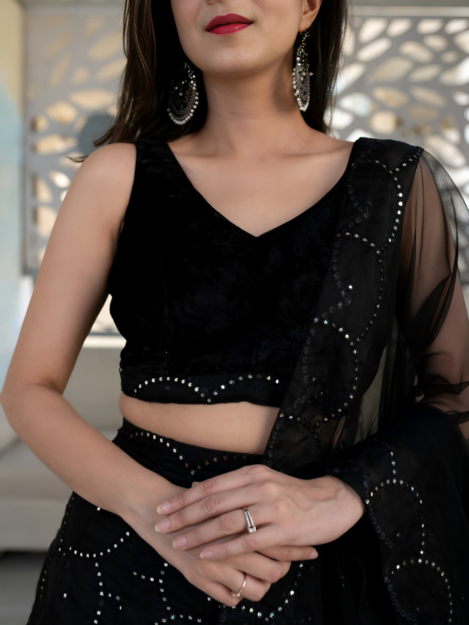 Designer Black Lehenga Choli: All-Over Mirror Embroidery, Flared Georgette Skirt with Elegant Net Dupatta