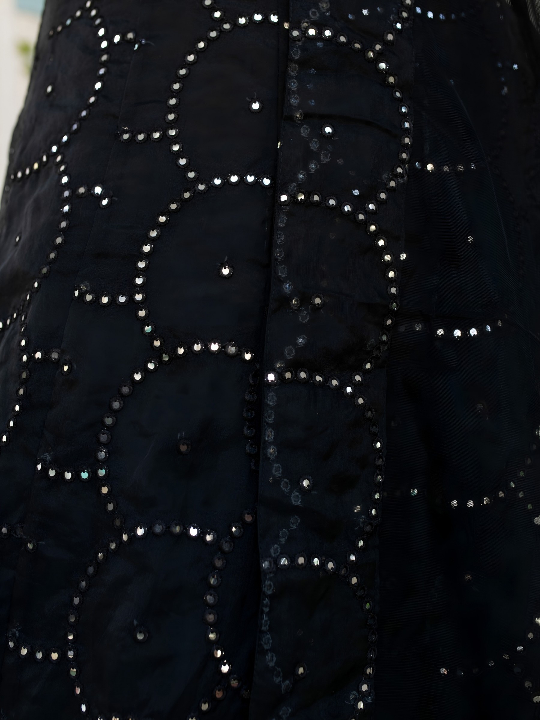 Designer Black Lehenga Choli: All-Over Mirror Embroidery, Flared Georgette Skirt with Elegant Net Dupatta