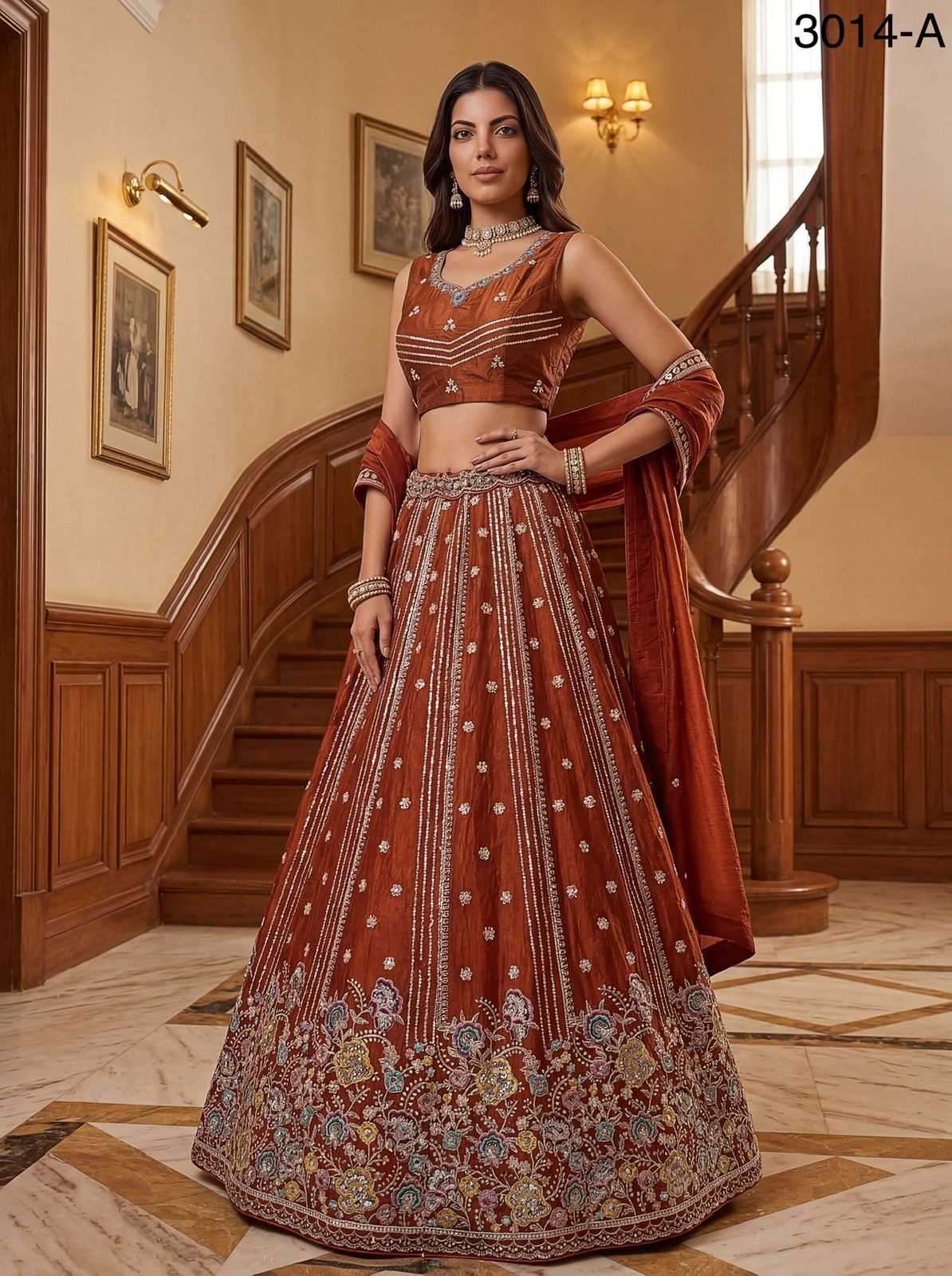 Designer Copper Lehenga Choli: Royal Embroidery with Sequin Detailing, Premium Silk Wedding Wear for Bridesmaids