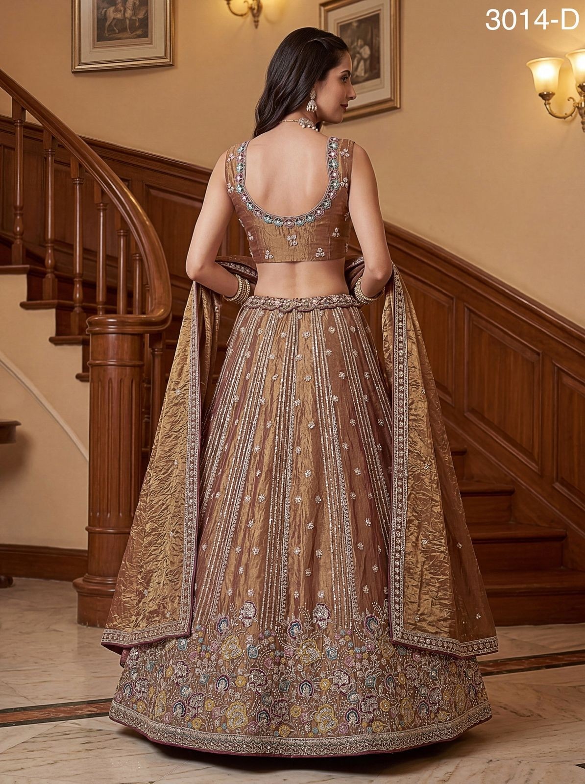 Designer Copper Lehenga Choli: Royal Embroidery with Sequin Detailing, Premium Silk Wedding Wear for Bridesmaids
