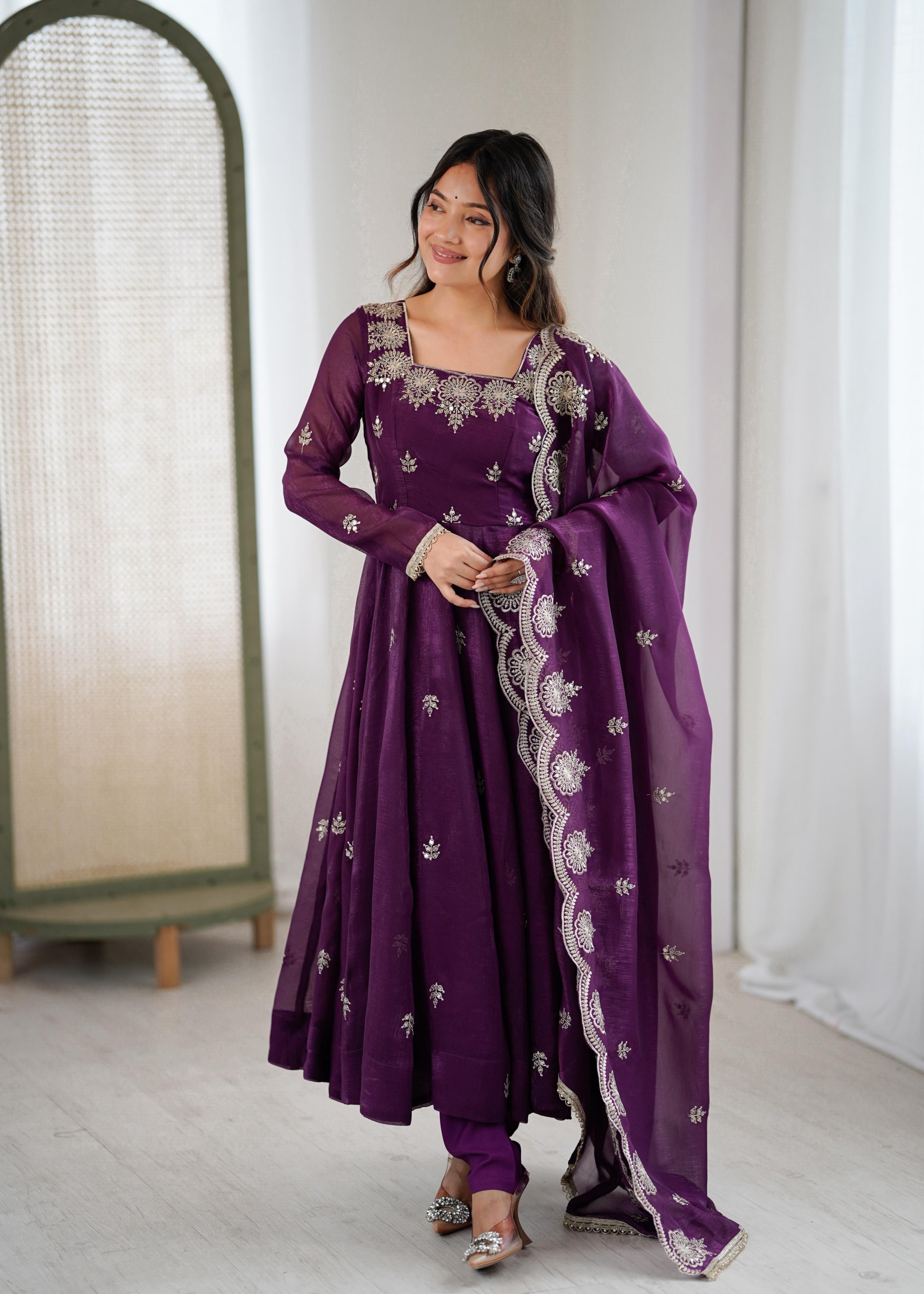 ZF-5011 Elegant Georgette Anarkali Suit with Heavy Embroidery Scalloped Dupatta Wedding Wear Set