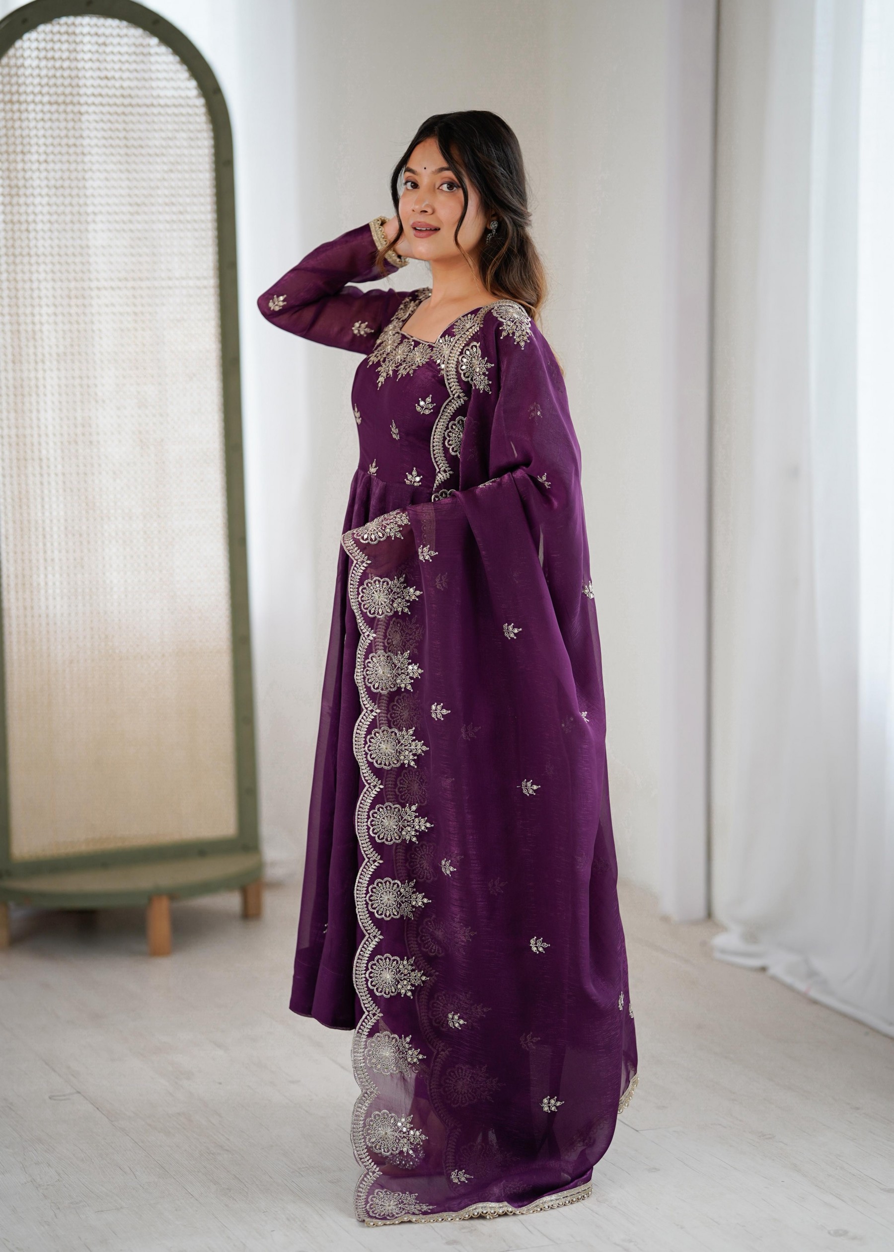 ZF-5011 Elegant Georgette Anarkali Suit with Heavy Embroidery Scalloped Dupatta Wedding Wear Set