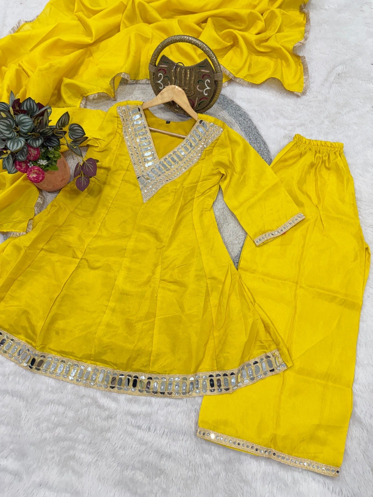  KR 1012 Designer Yellow Georgette Sharara Set with Intricate Mirror Embroidery Border Dupatta for Women