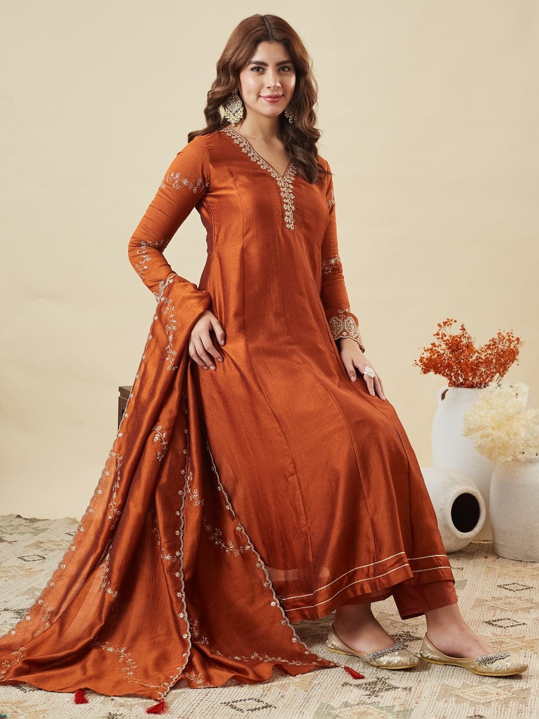 Elegant Rust Orange Vichitra Silk Anarkali Set with Embroidery Sequence Work Festive Wear Outfit