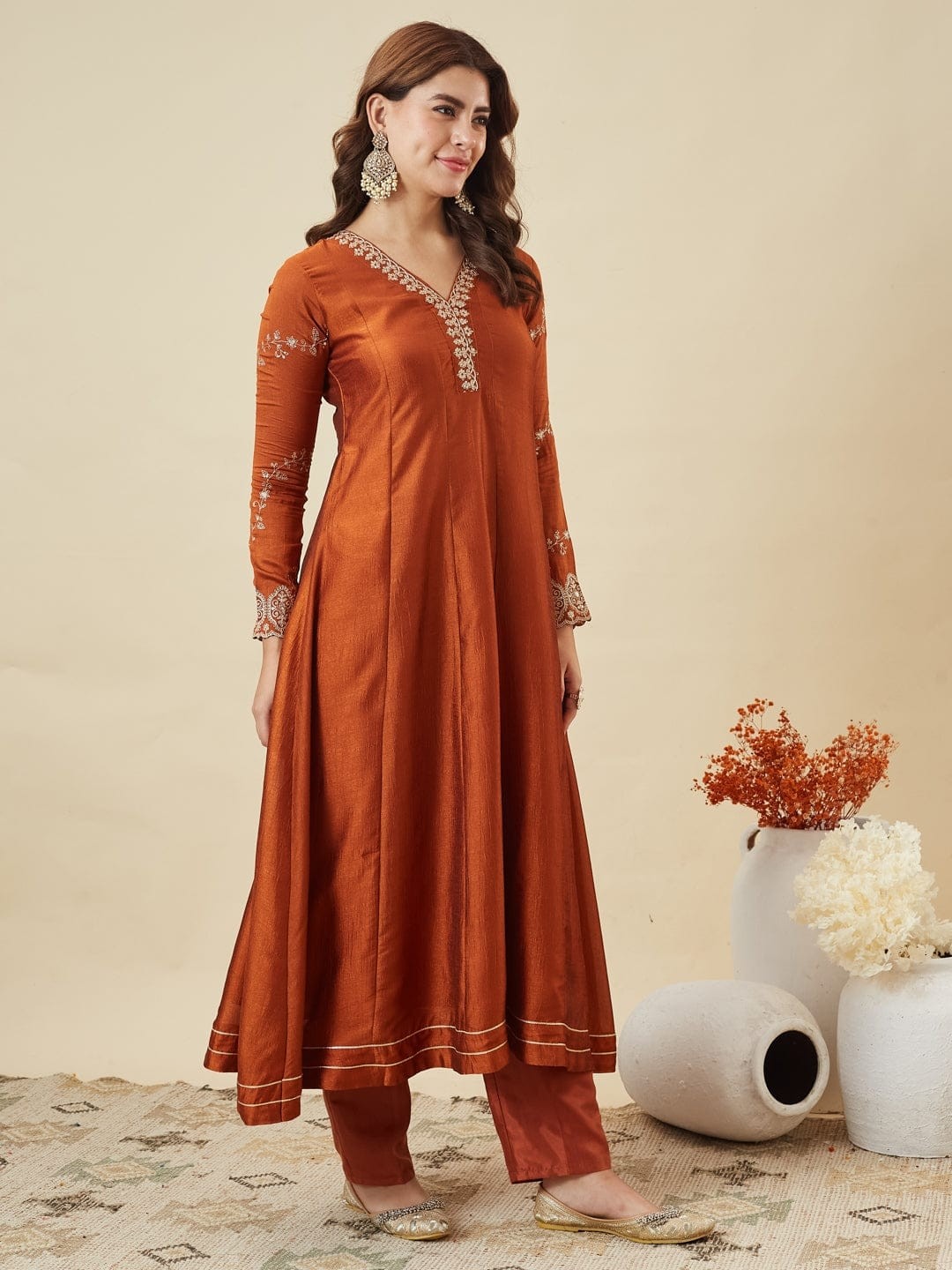 Elegant Rust Orange Vichitra Silk Anarkali Set with Embroidery Sequence Work Festive Wear Outfit