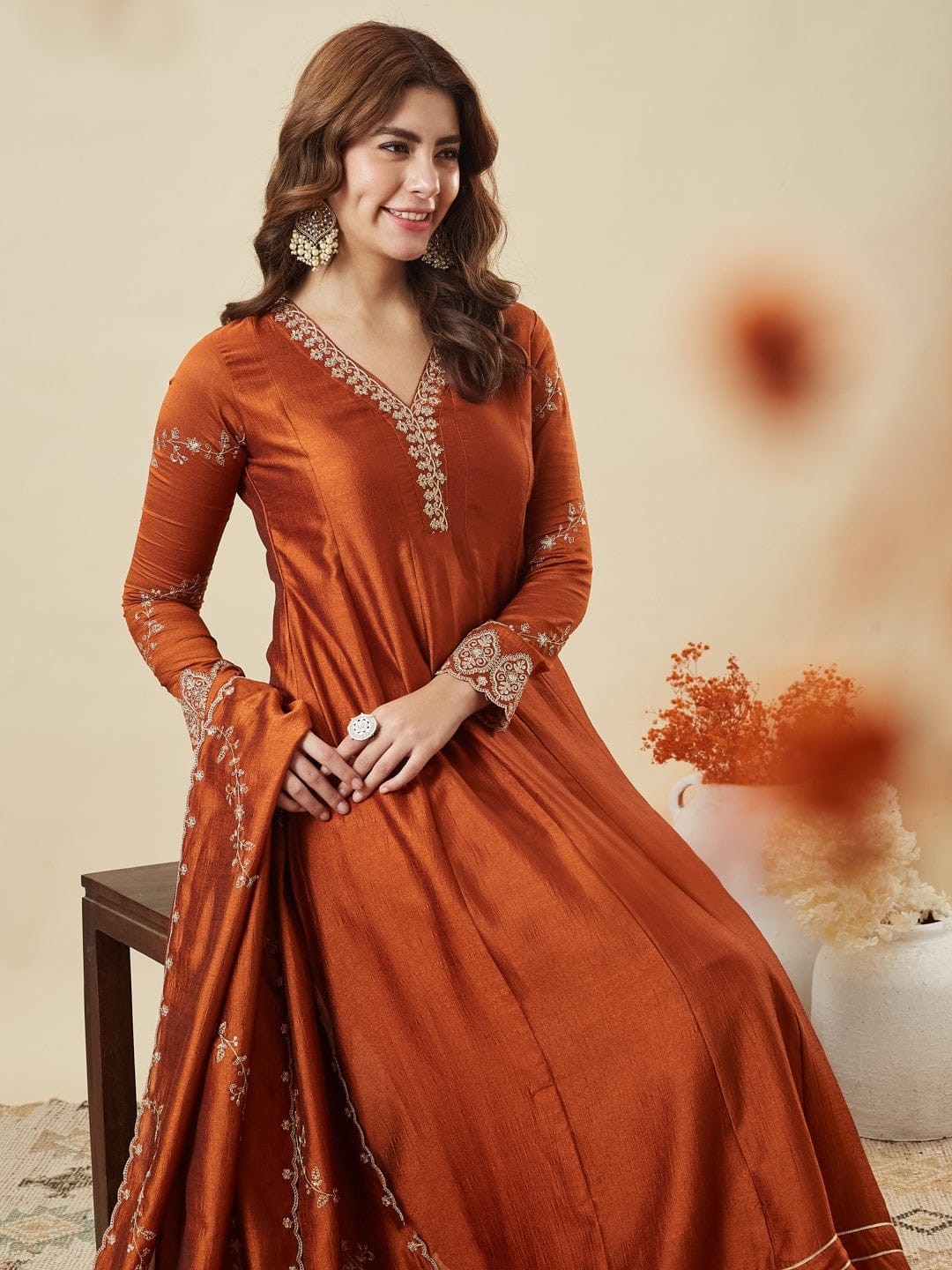 Elegant Rust Orange Vichitra Silk Anarkali Set with Embroidery Sequence Work Festive Wear Outfit