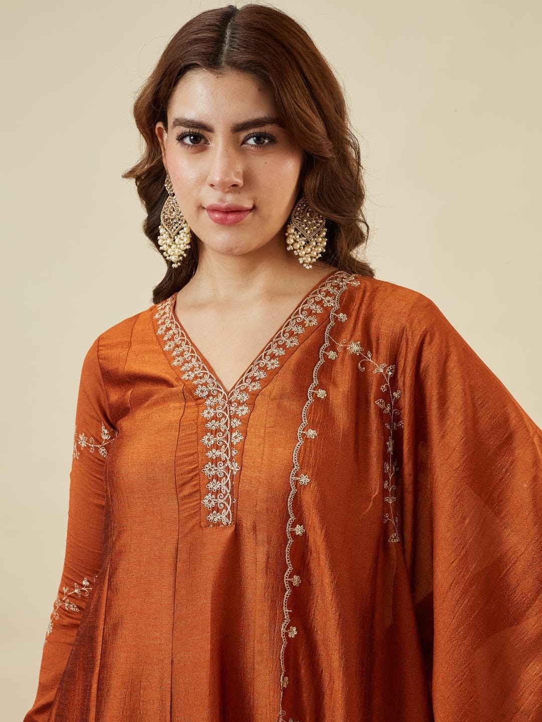 Elegant Rust Orange Vichitra Silk Anarkali Set with Embroidery Sequence Work Festive Wear Outfit